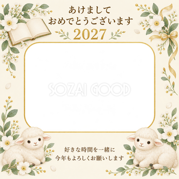 本と白い花の写真年賀状｜無料イラスト素材 99260