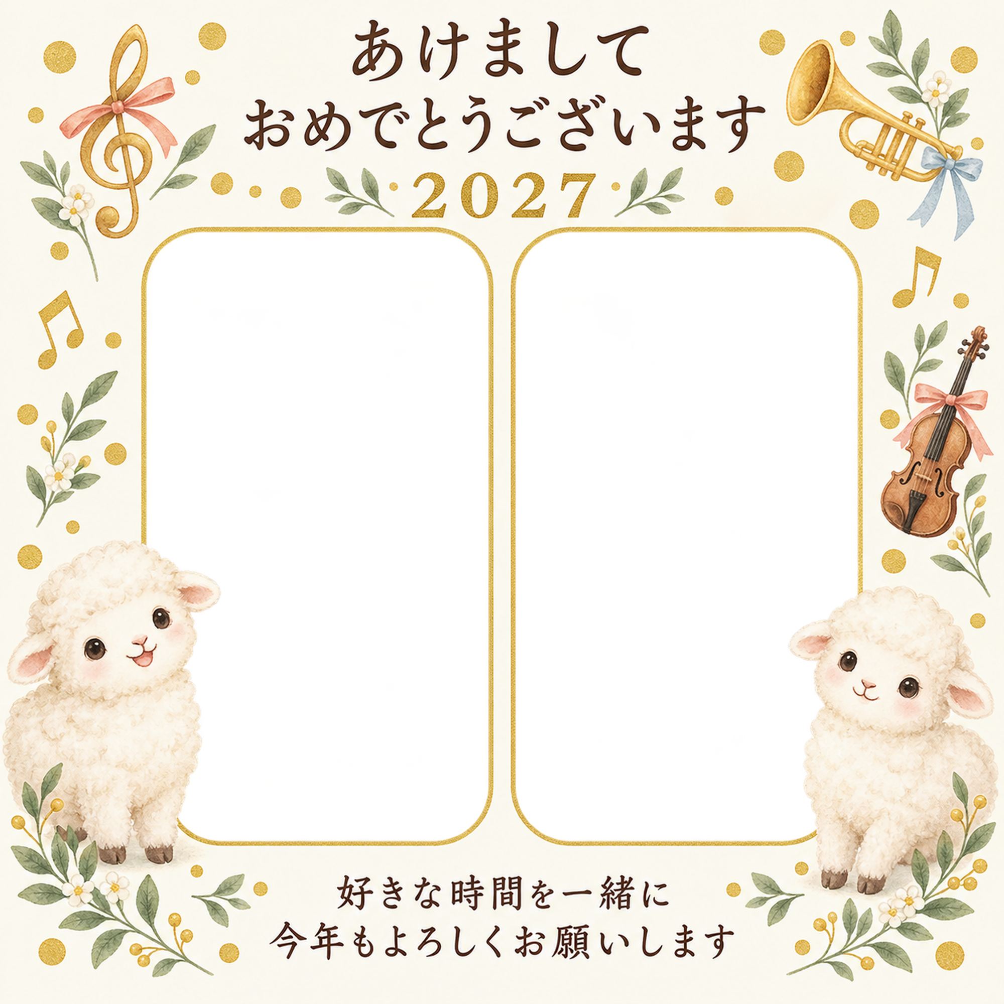 楽器と金の丸飾りの写真年賀状｜無料イラスト素材 99262に写真・文字を入れる