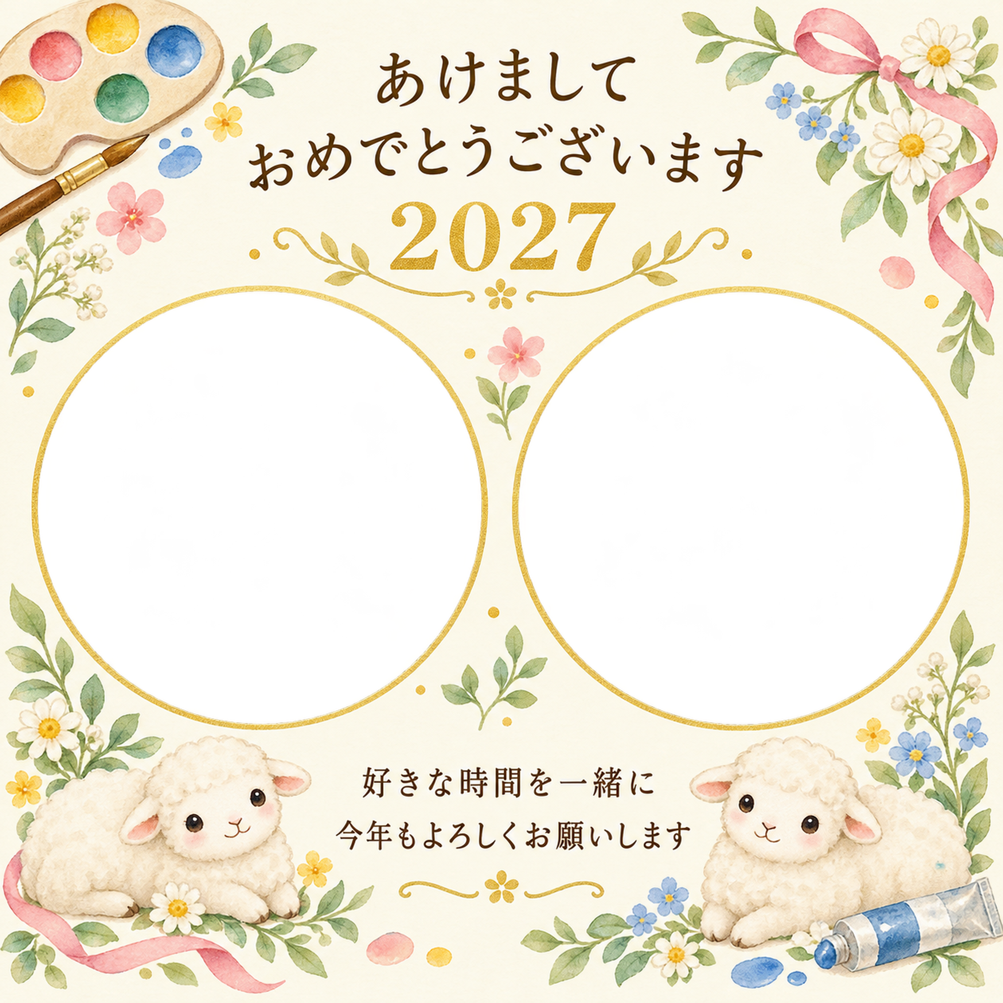 絵の具と丸い窓の写真年賀状｜無料イラスト素材 99263に写真・文字を入れる