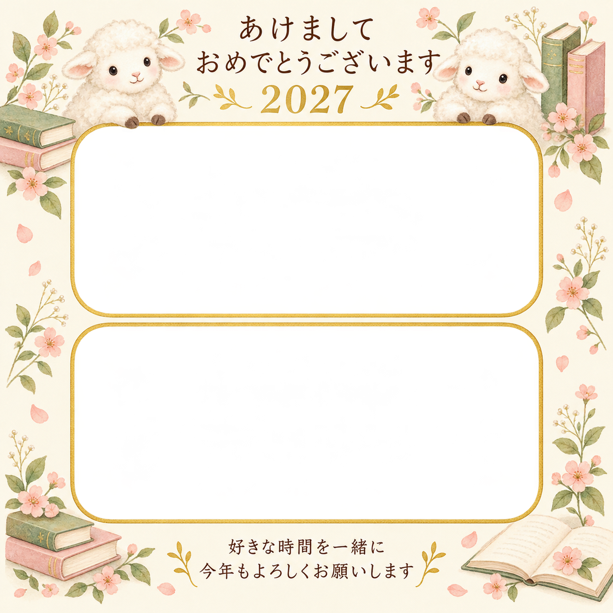 本と桃色の小花の写真年賀状｜無料イラスト素材 99264に写真・文字を入れる