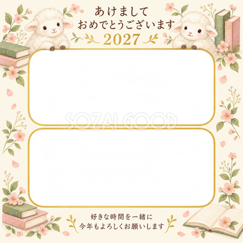 本と桃色の小花の写真年賀状｜無料イラスト素材 99264