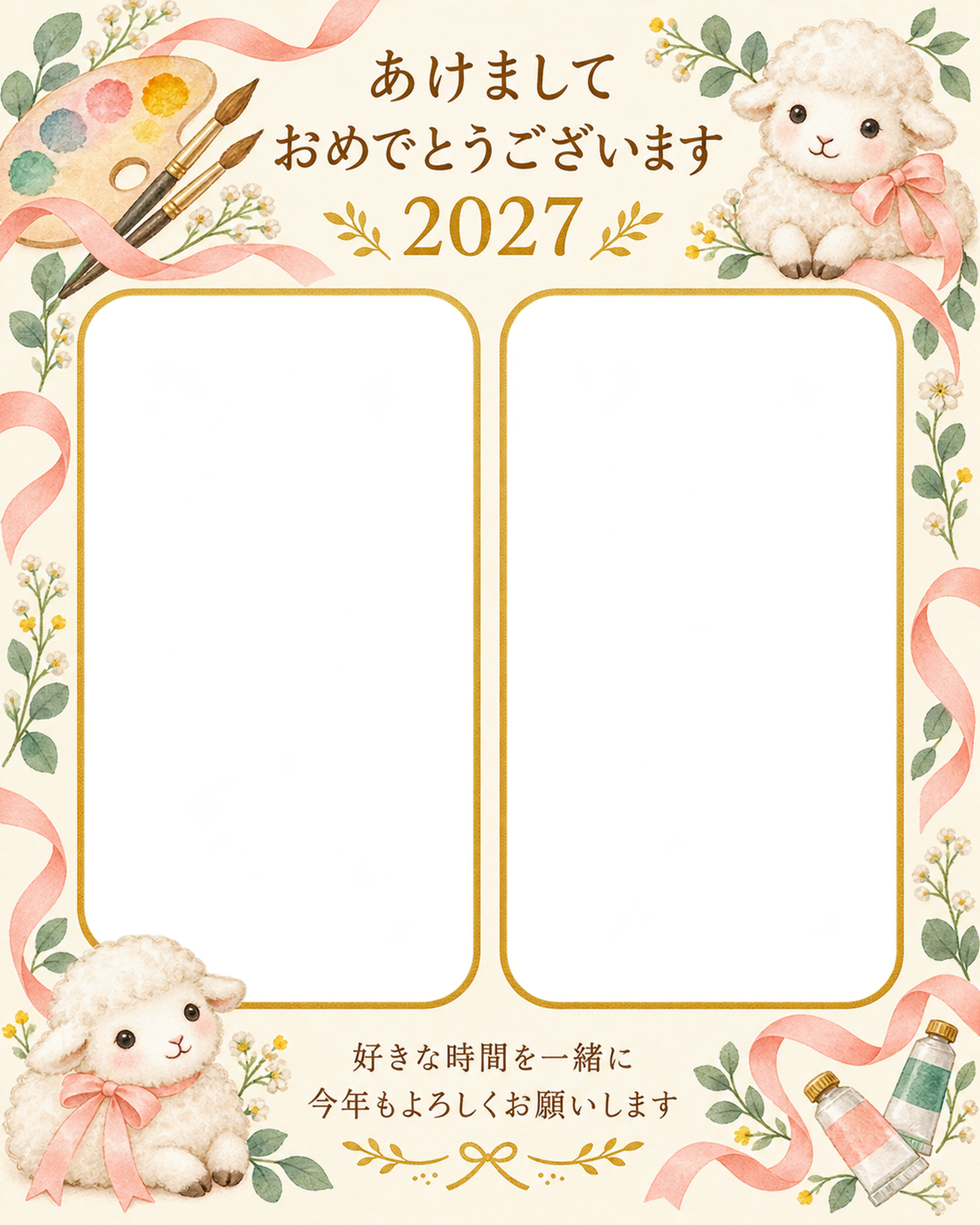 絵の具と桃色リボンの写真年賀状｜無料イラスト素材 99267に写真・文字を入れる