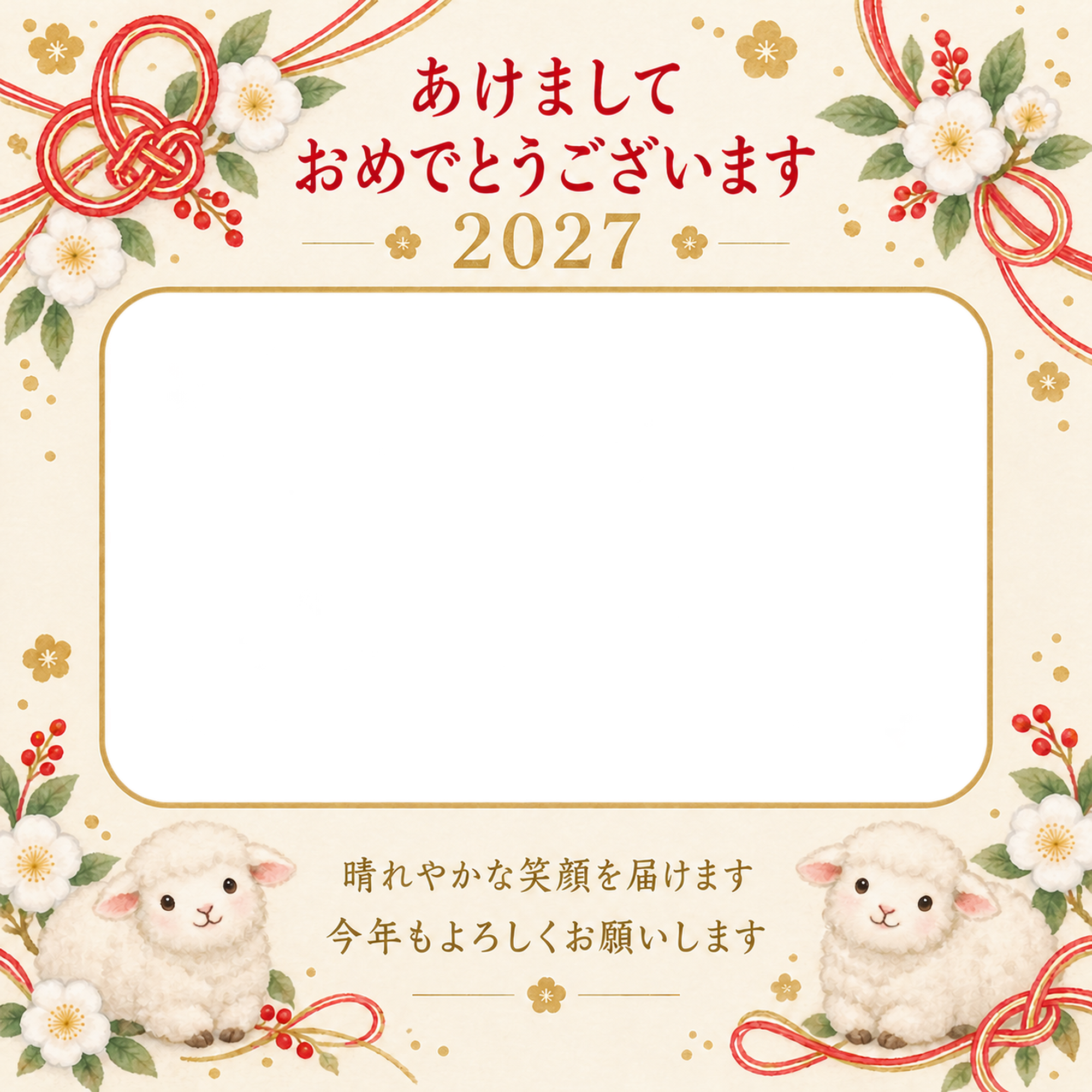 赤い水引と白い花の写真年賀状｜無料イラスト素材 99270に写真・文字を入れる