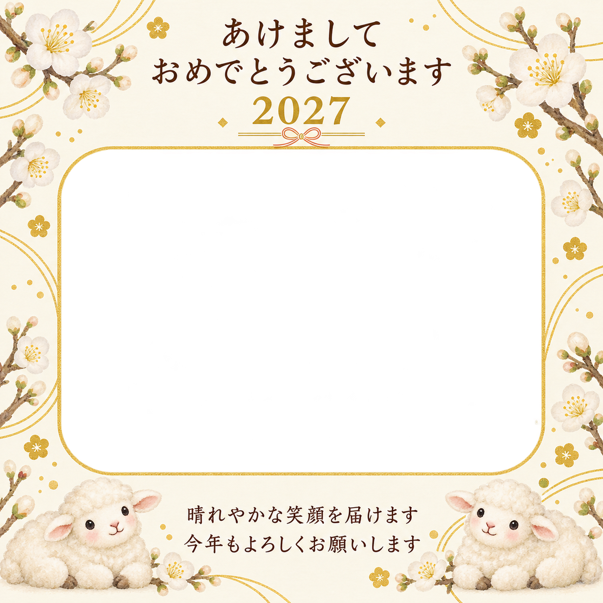 白梅と細い金色の写真年賀状｜無料イラスト素材 99271に写真・文字を入れる