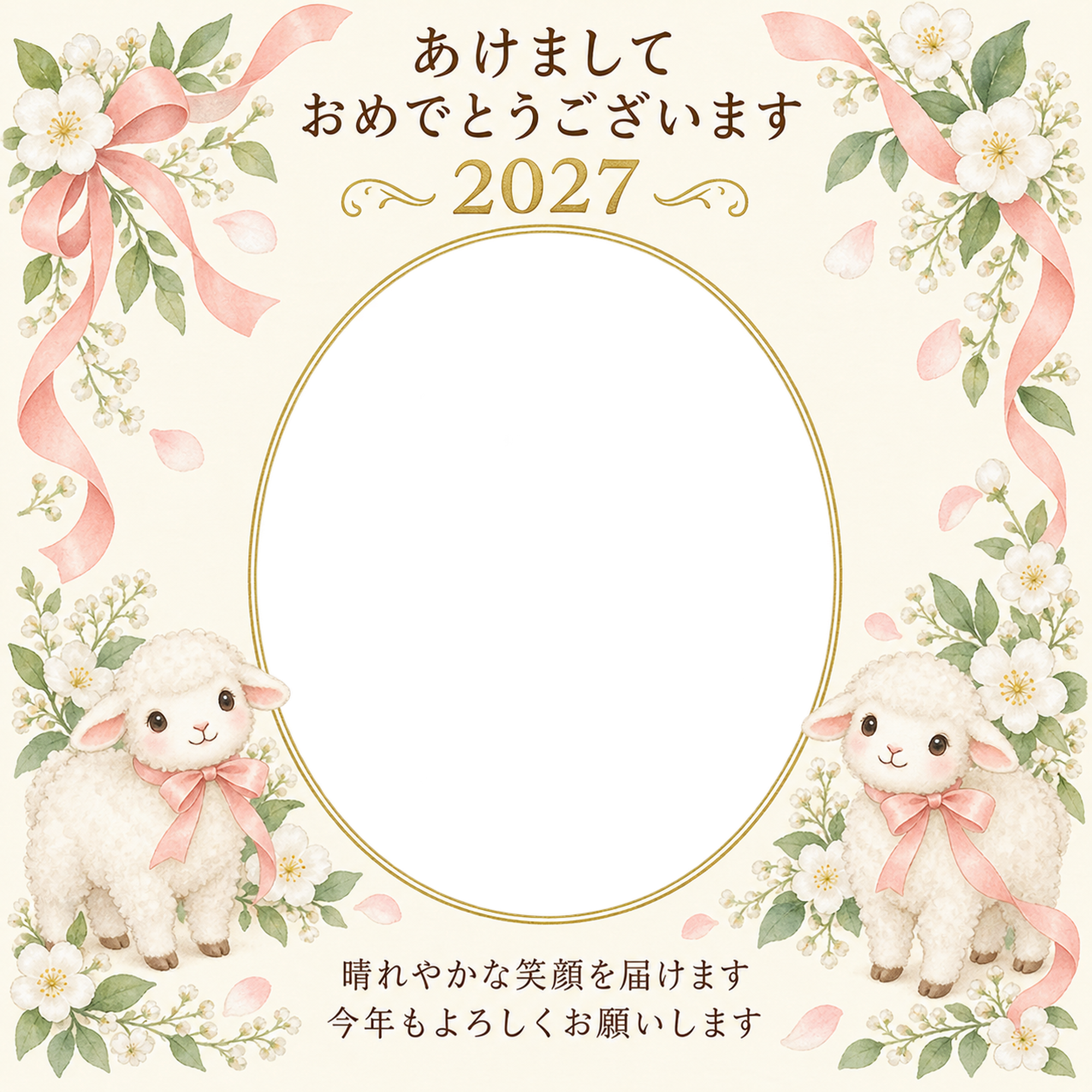 桃色リボンと白い花の写真年賀状｜無料イラスト素材 99272に写真・文字を入れる