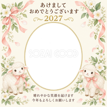 桃色リボンと白い花の写真年賀状｜無料イラスト素材 99272