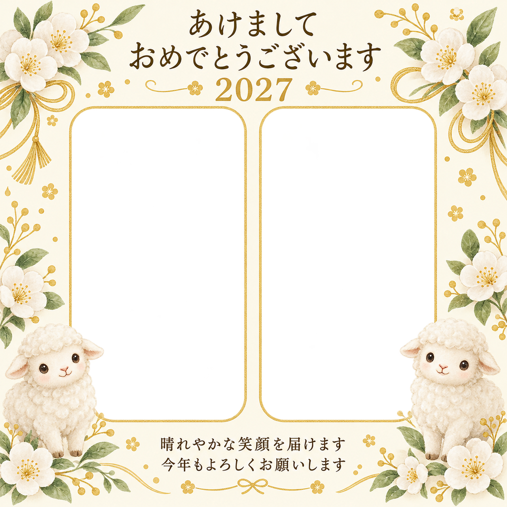 白い花と金の飾りの写真年賀状｜無料イラスト素材 99275に写真・文字を入れる