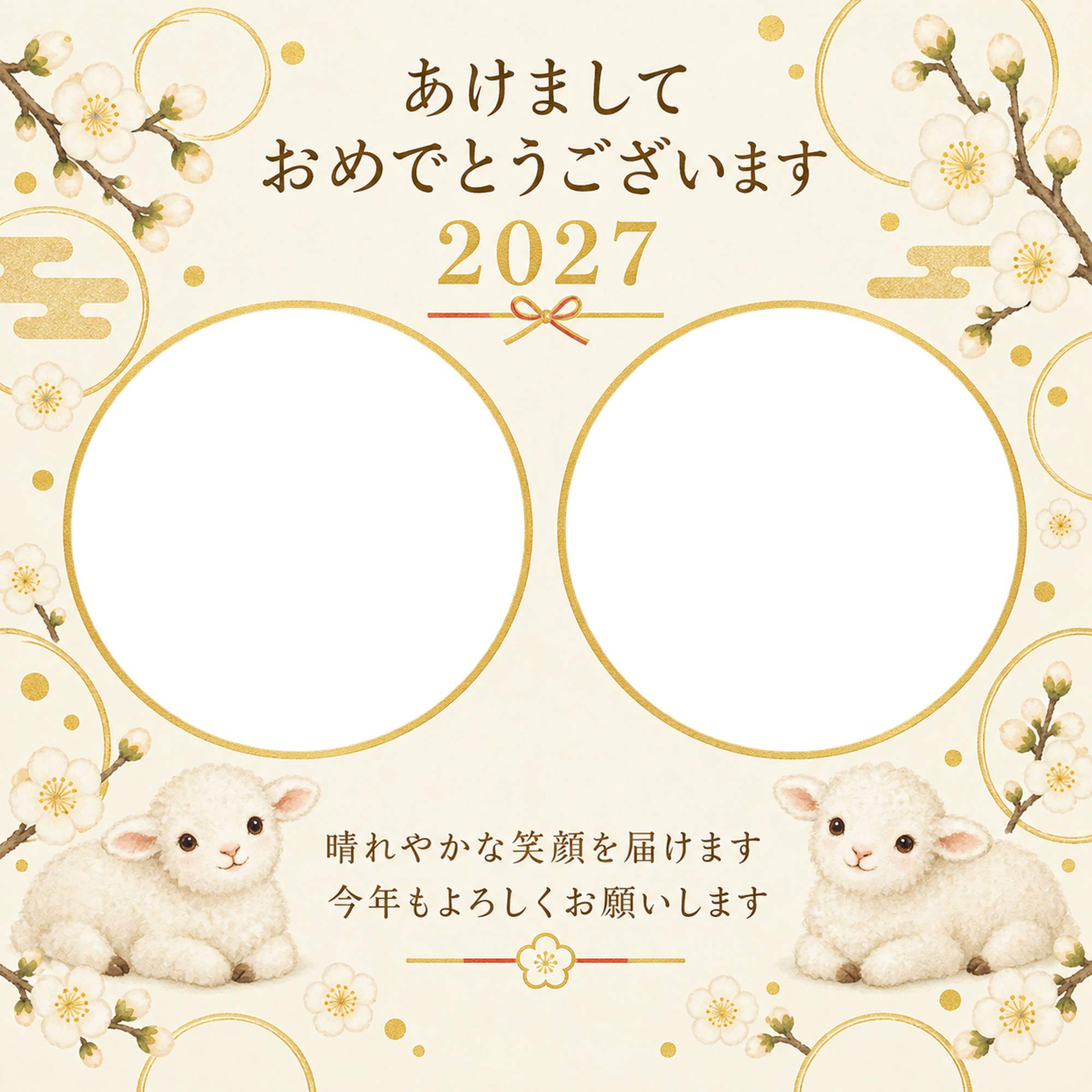 丸い窓と白梅の写真年賀状｜無料イラスト素材 99276に写真・文字を入れる