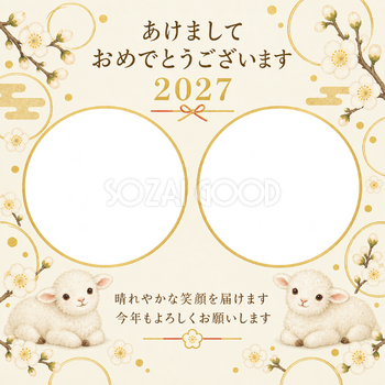 丸い窓と白梅の写真年賀状｜無料イラスト素材 99276