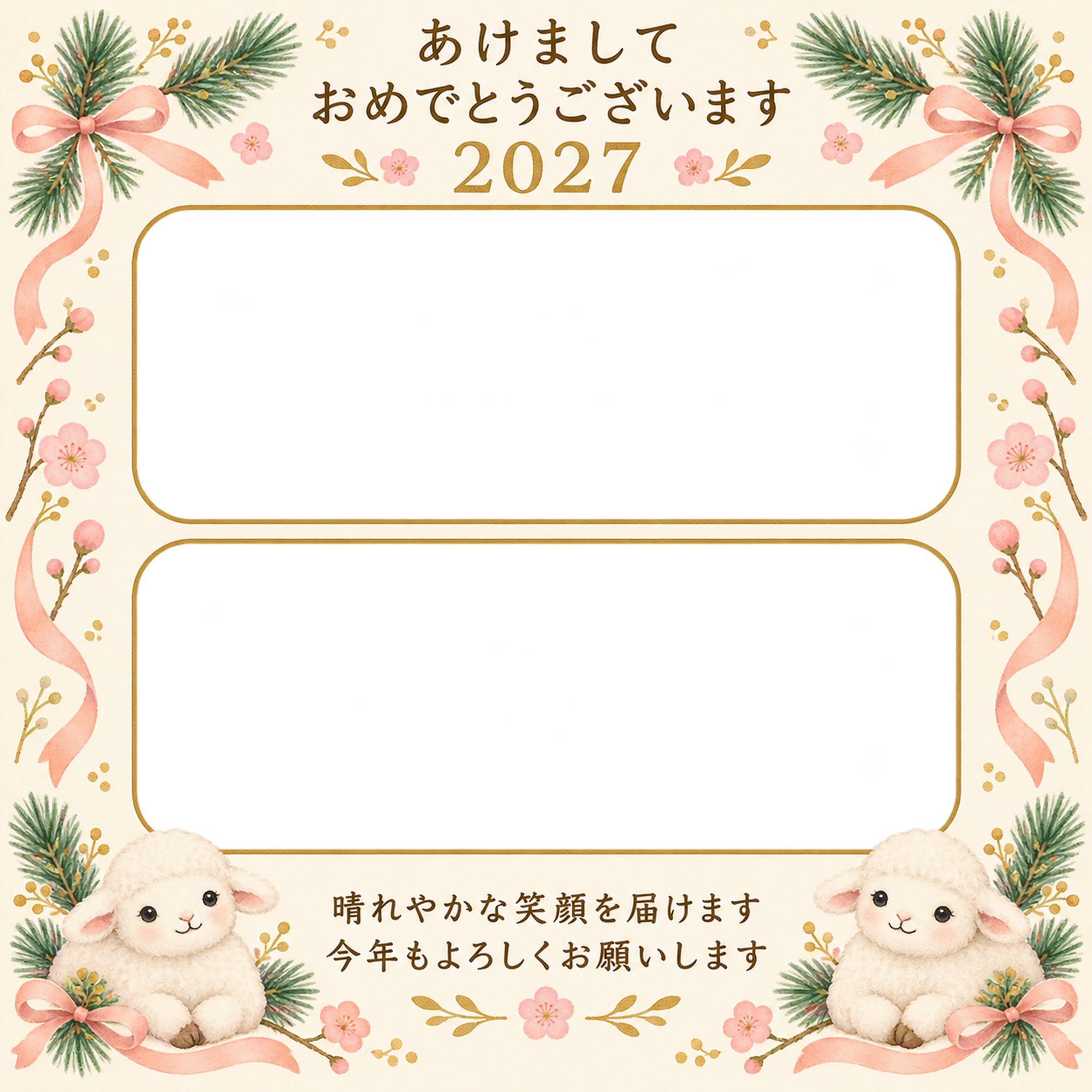 若松と桃色リボンの写真年賀状｜無料イラスト素材 99277に写真・文字を入れる