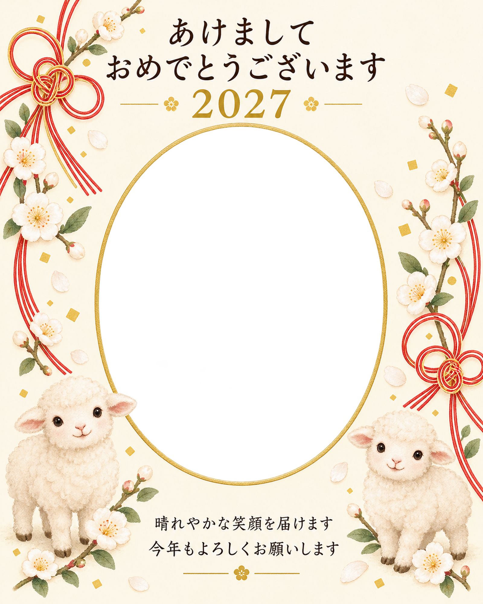 縦長の赤い水引の写真年賀状｜無料イラスト素材 99278に写真・文字を入れる