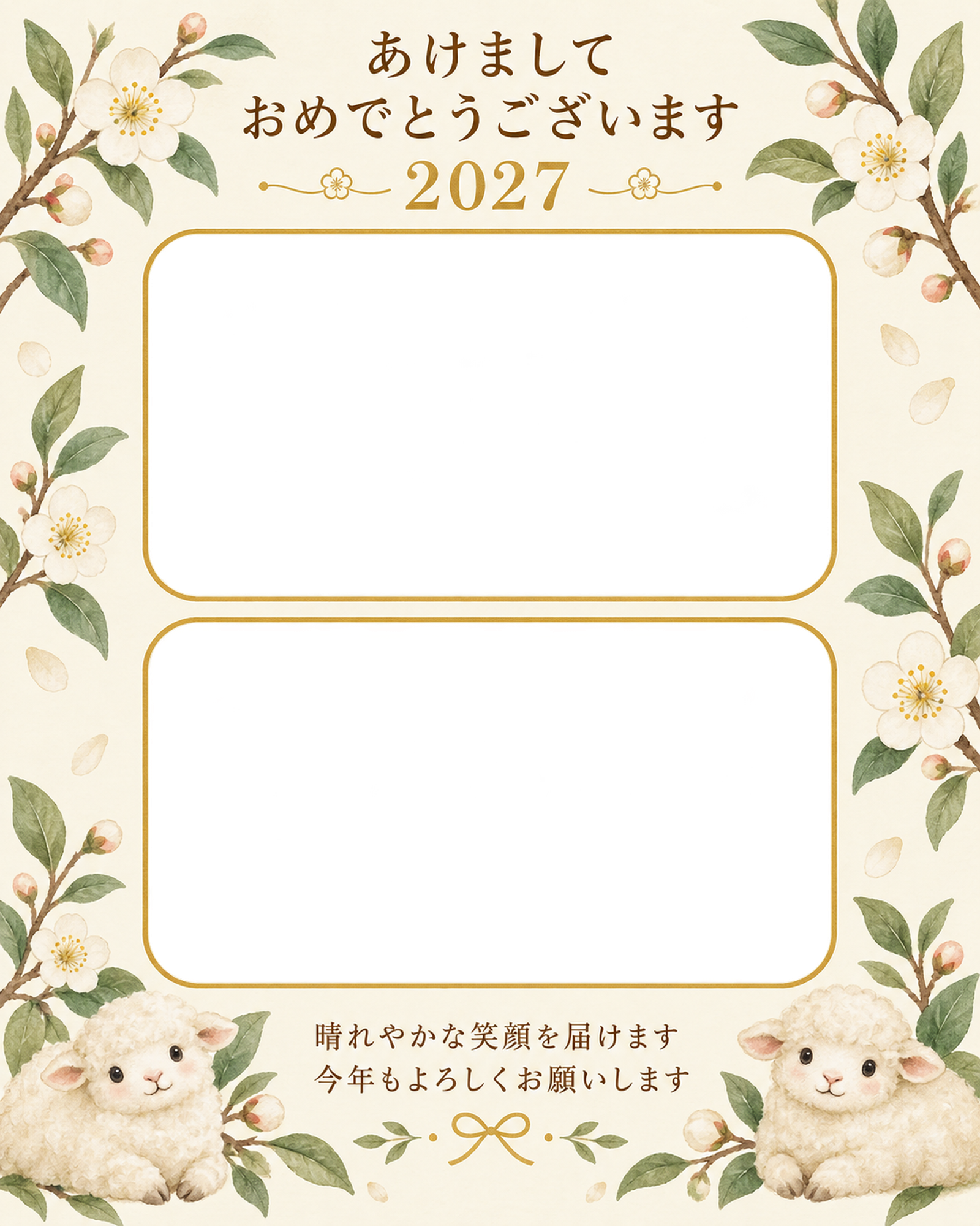 白梅と緑の葉の写真年賀状｜無料イラスト素材 99281に写真・文字を入れる