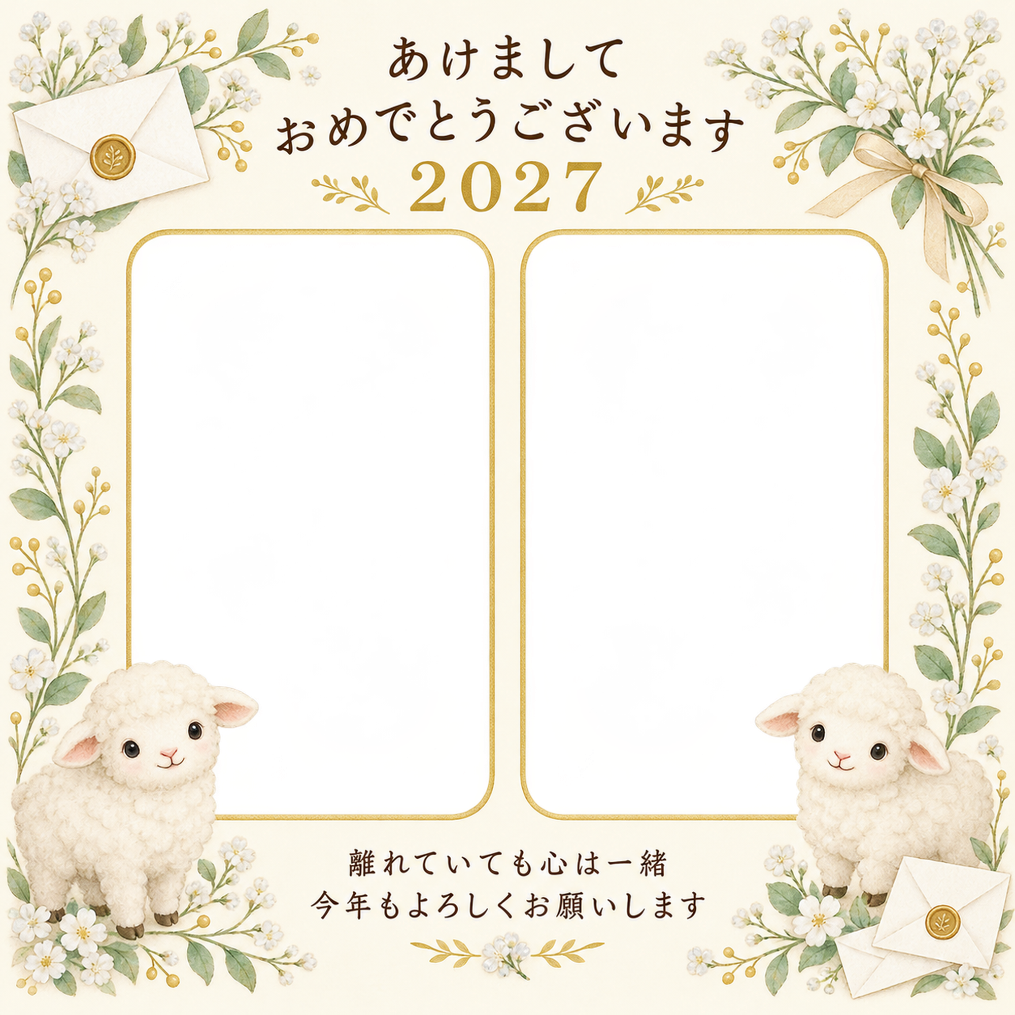 白い花と封筒の写真年賀状｜無料イラスト素材 99284に写真・文字を入れる