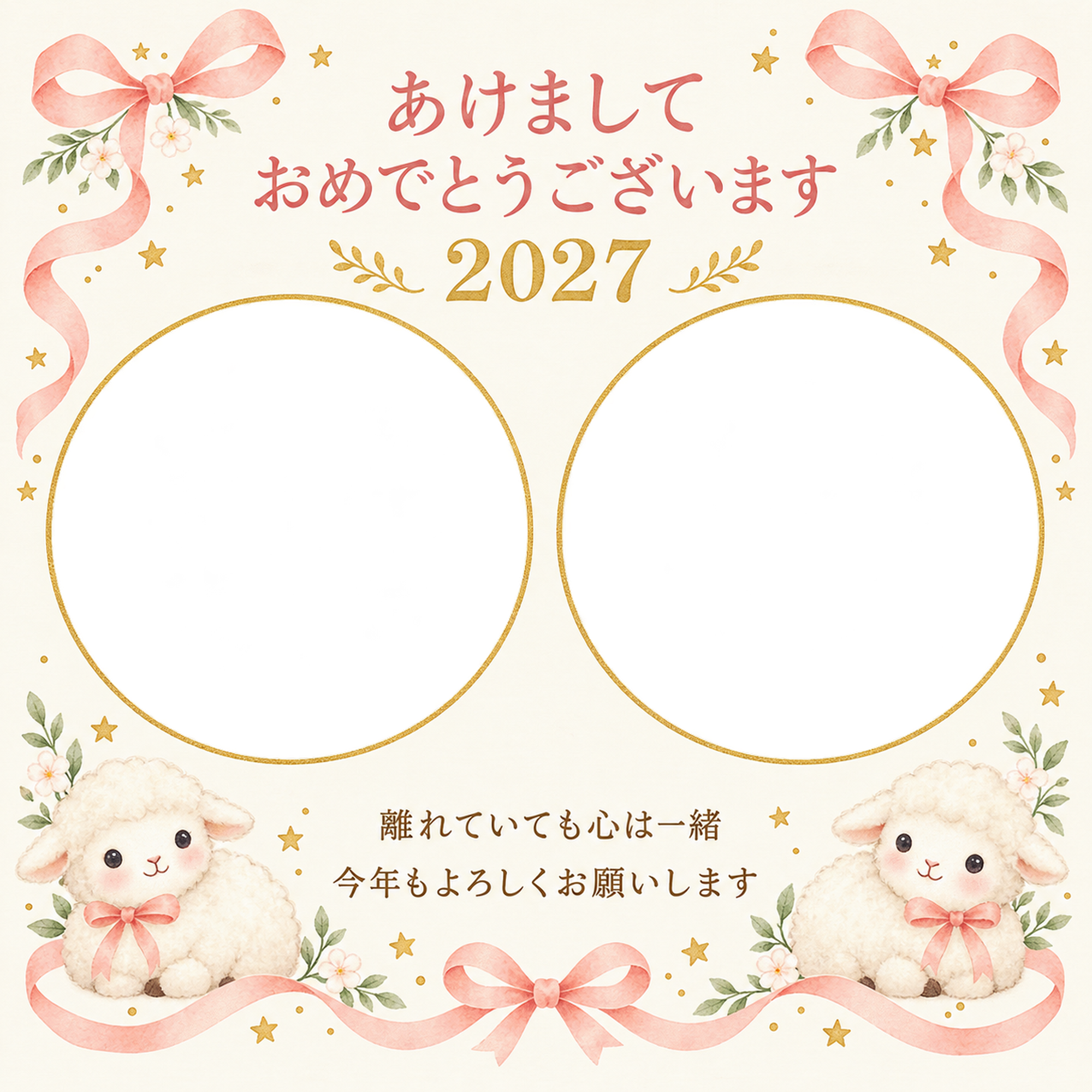 桃色リボンと小さな星の写真年賀状｜無料イラスト素材 99285に写真・文字を入れる