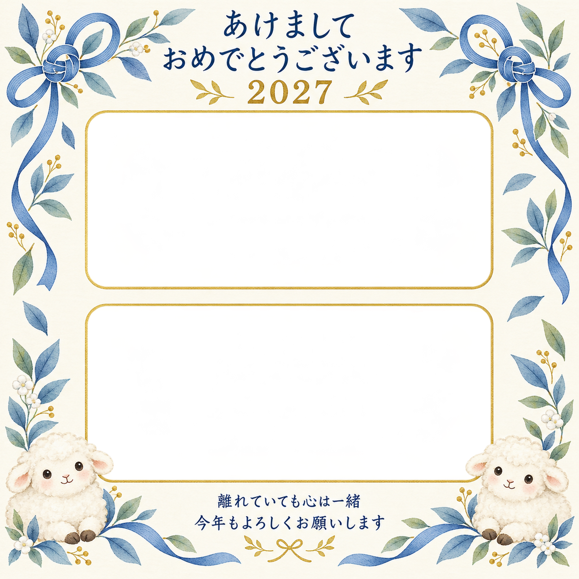 青い結び目と葉の写真年賀状｜無料イラスト素材 99286に写真・文字を入れる