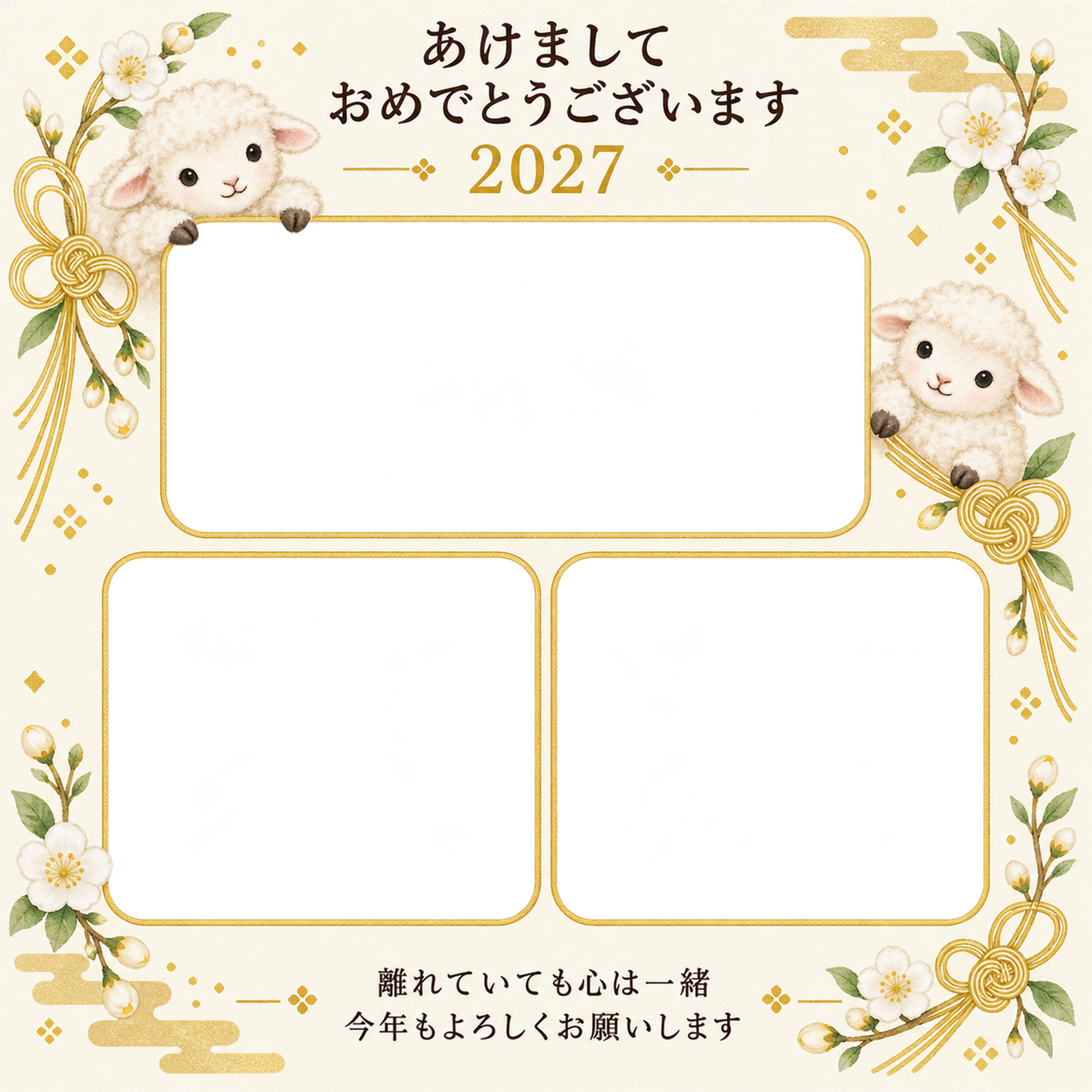 三つの窓と金の結び目の写真年賀状｜無料イラスト素材 99288に写真・文字を入れる
