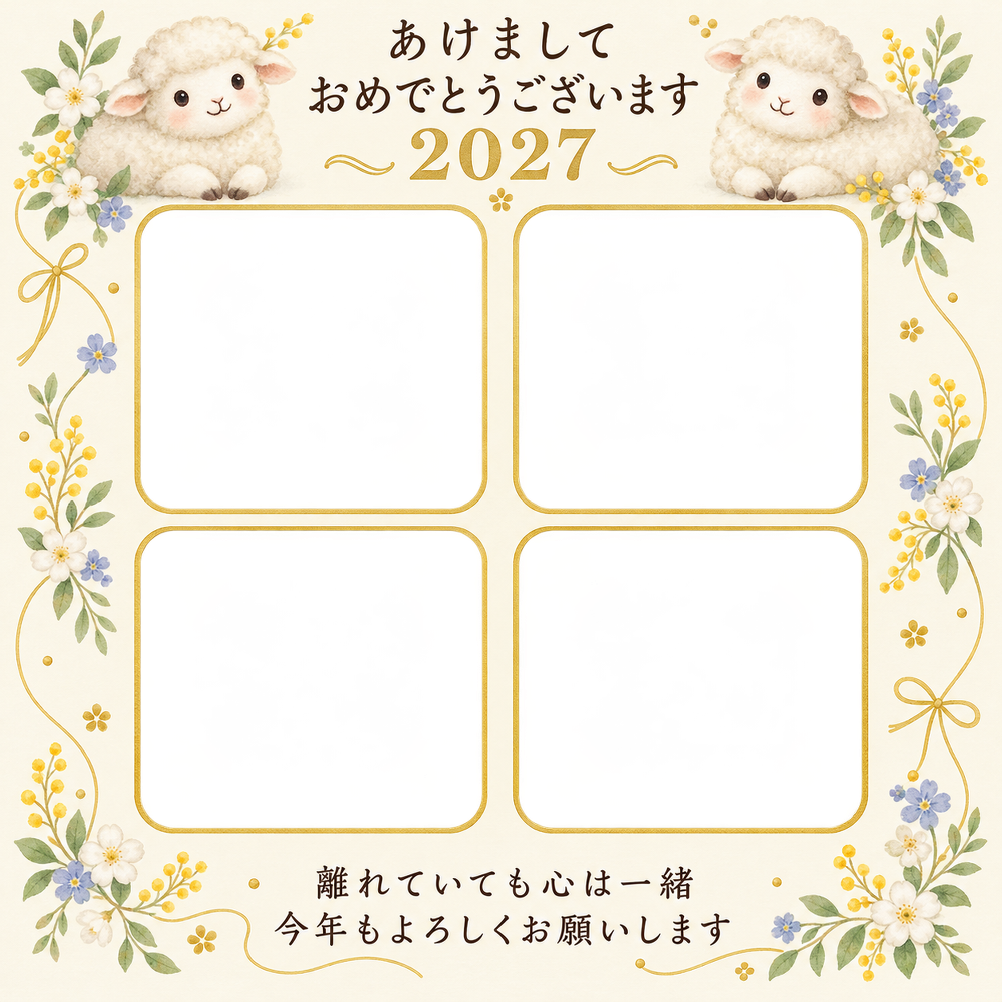 四つの窓と小花の写真年賀状｜無料イラスト素材 99289に写真・文字を入れる