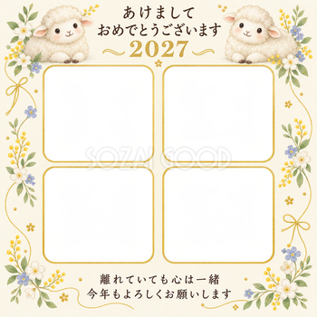 四つの窓と小花の写真年賀状｜無料イラスト素材 99289