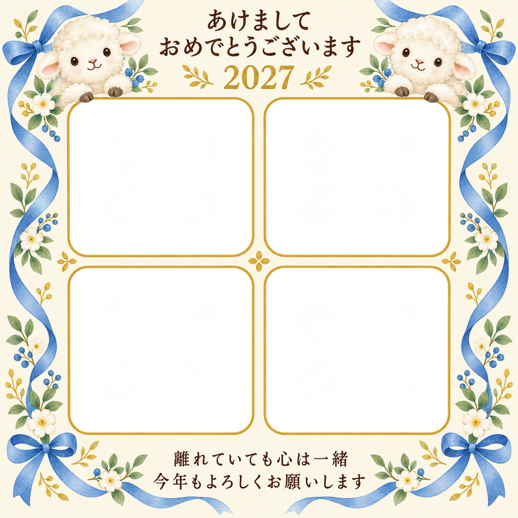 四つの窓と青いリボンの写真年賀状｜無料イラスト素材 99290に写真・文字を入れる