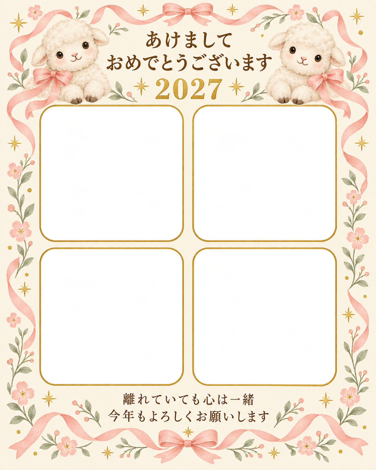 四つの窓と桃色リボンの写真年賀状｜無料イラスト素材 99293に写真・文字を入れる
