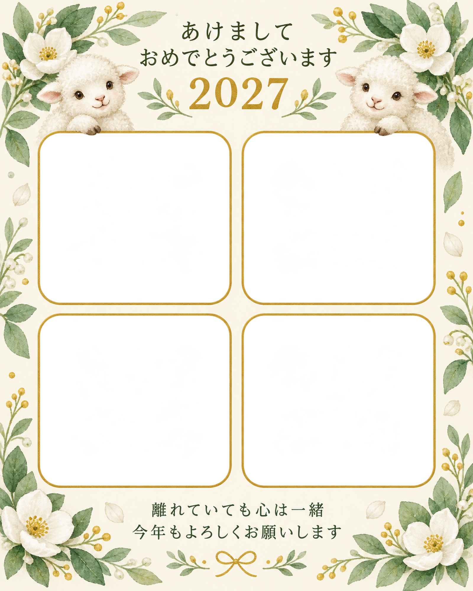 四つの窓と白い花の写真年賀状｜無料イラスト素材 99294に写真・文字を入れる