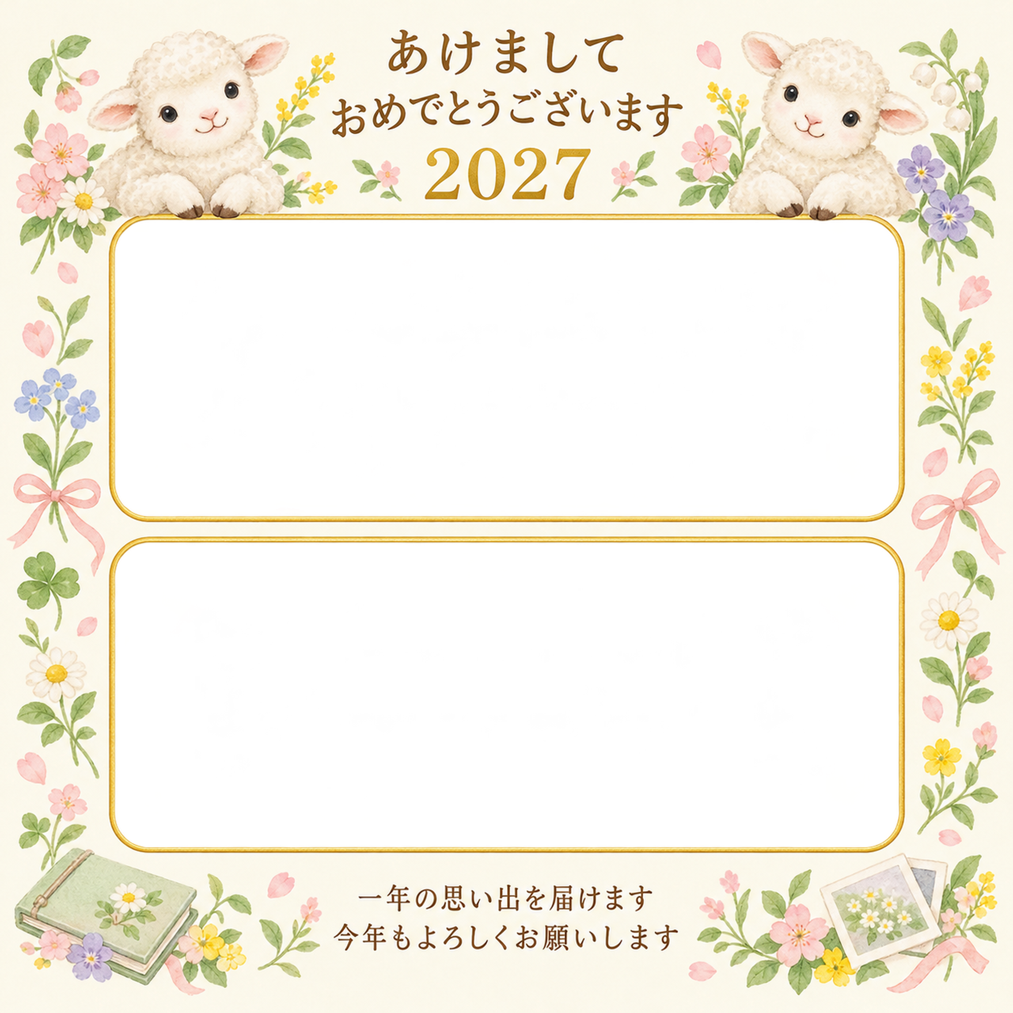 春の小花のアルバムの写真年賀状｜無料イラスト素材 99296に写真・文字を入れる