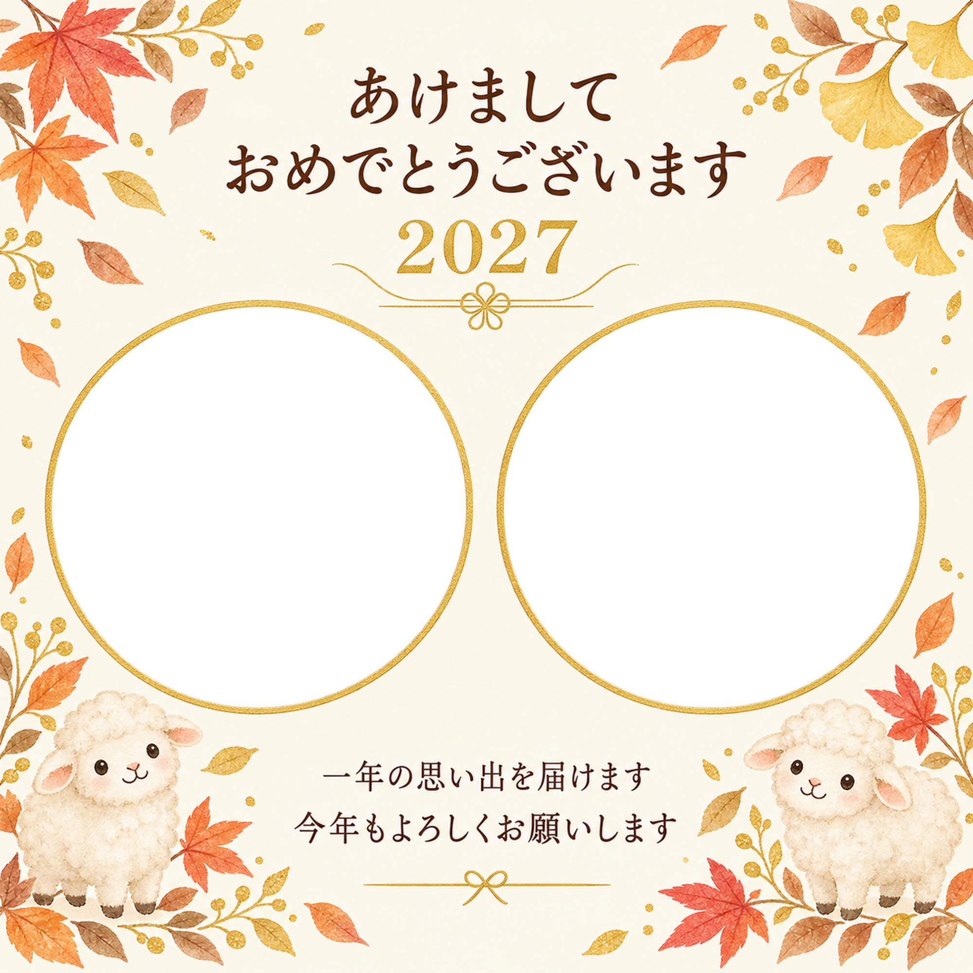 秋の葉と金色の写真年賀状｜無料イラスト素材 99298に写真・文字を入れる