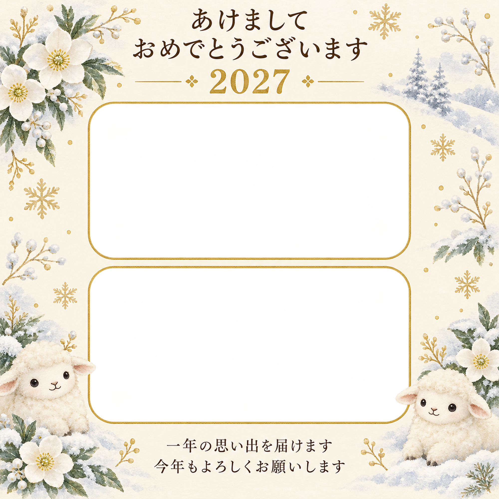 冬の雪と白い花の写真年賀状｜無料イラスト素材 99299に写真・文字を入れる
