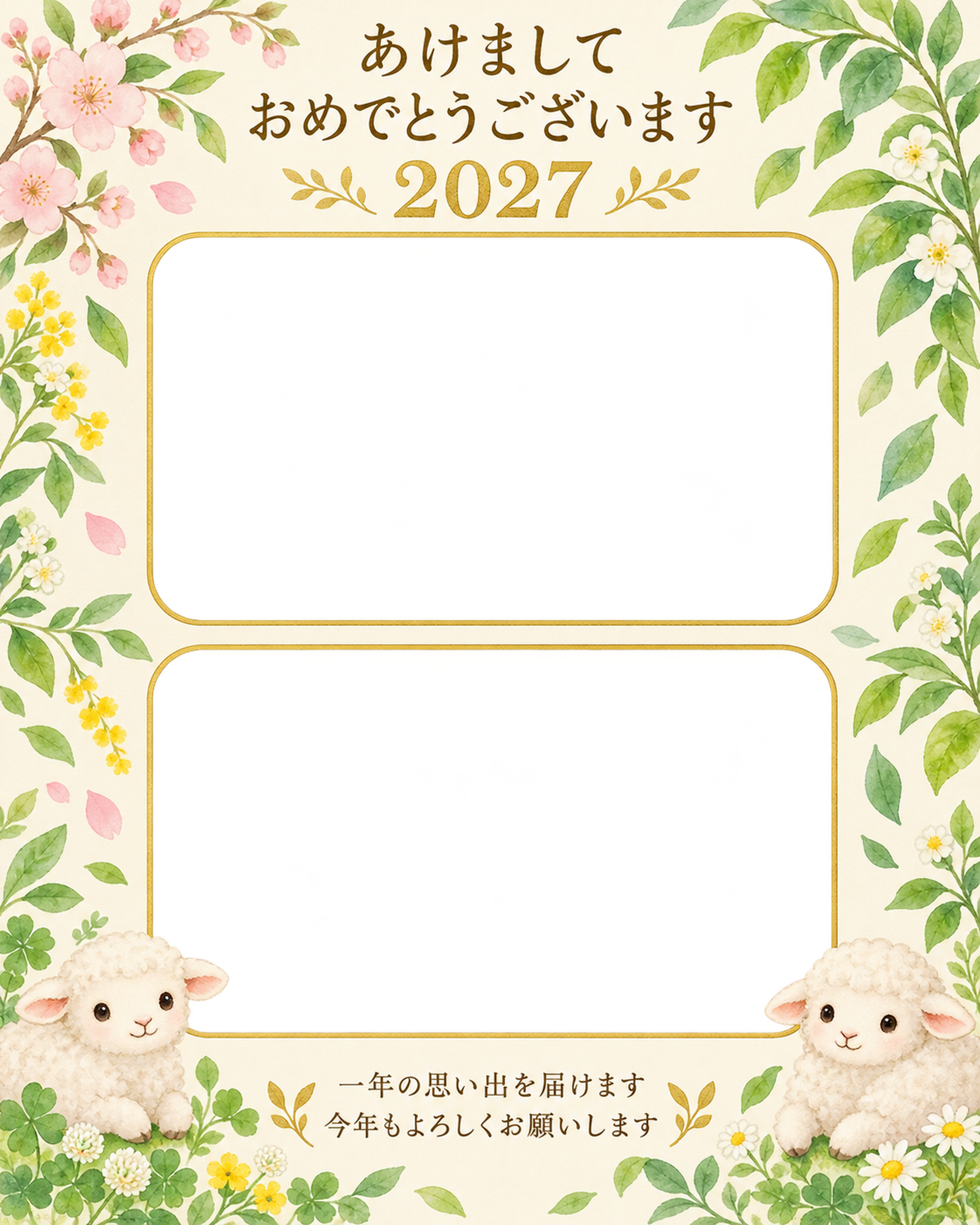縦長の春と夏の葉の写真年賀状｜無料イラスト素材 99304に写真・文字を入れる