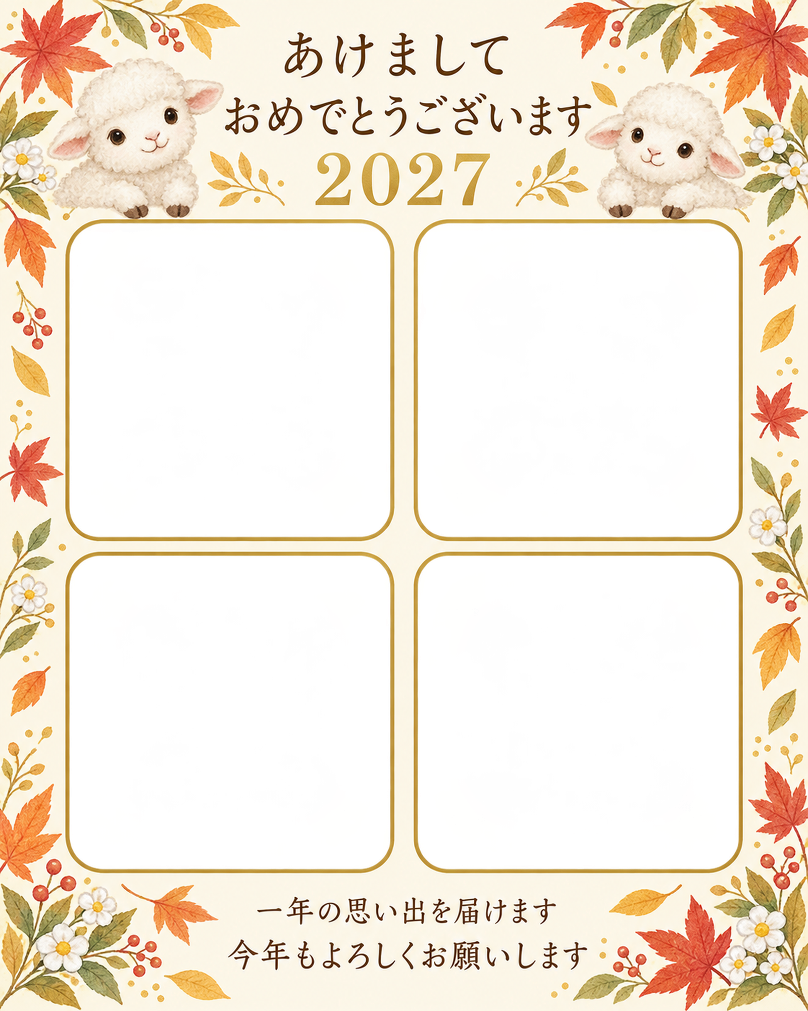 四つの窓と秋の葉の写真年賀状｜無料イラスト素材 99306に写真・文字を入れる