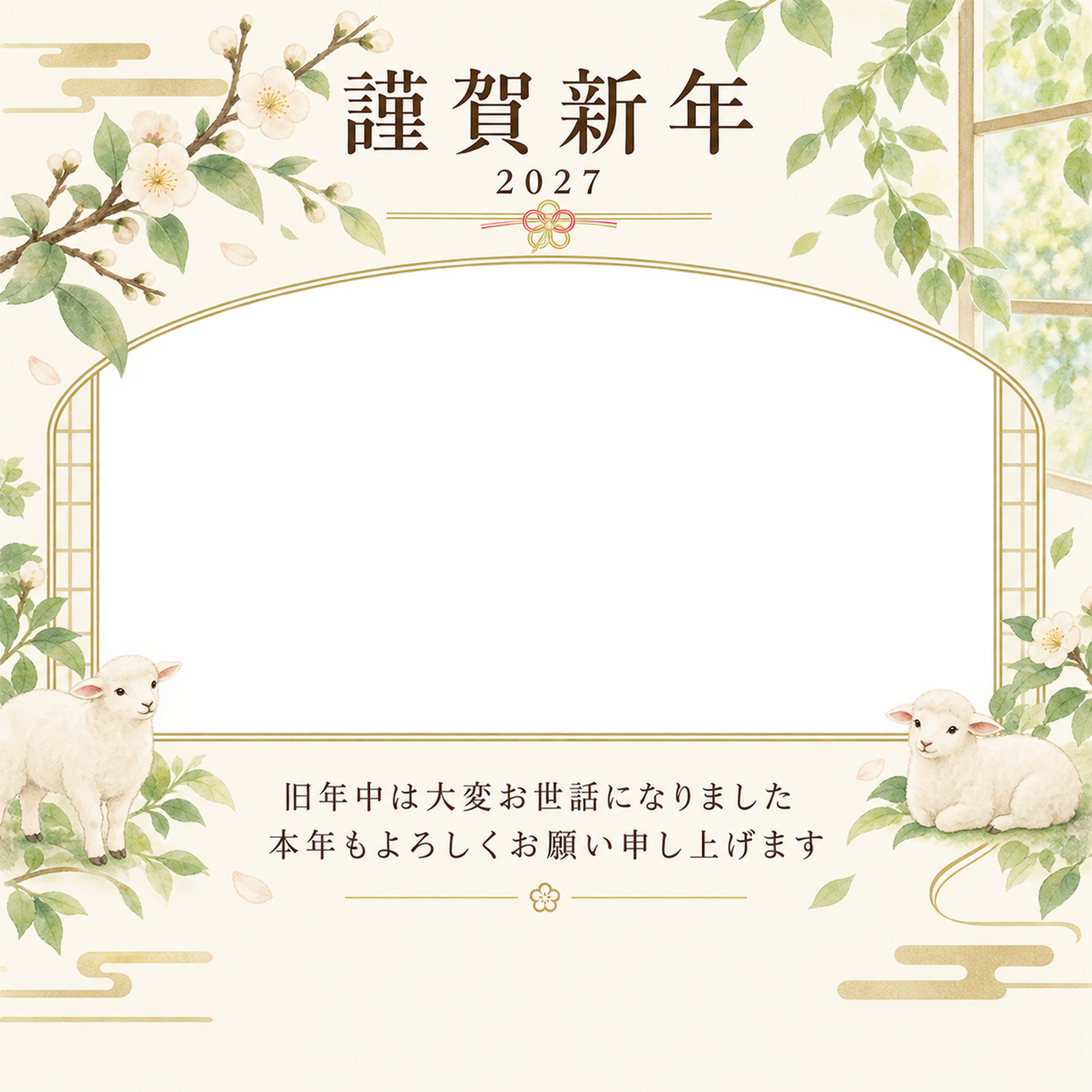 若葉の窓辺・控えめな梅の写真年賀状｜会社・社員の無料イラスト素材 99311に写真・文字を入れる