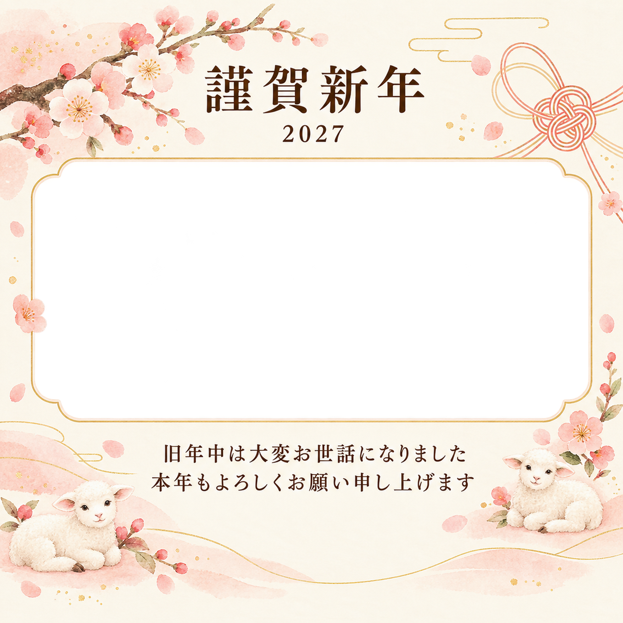 桃色のやさしさ・控えめな梅の写真年賀状｜会社・社員の無料イラスト素材 99312に写真・文字を入れる