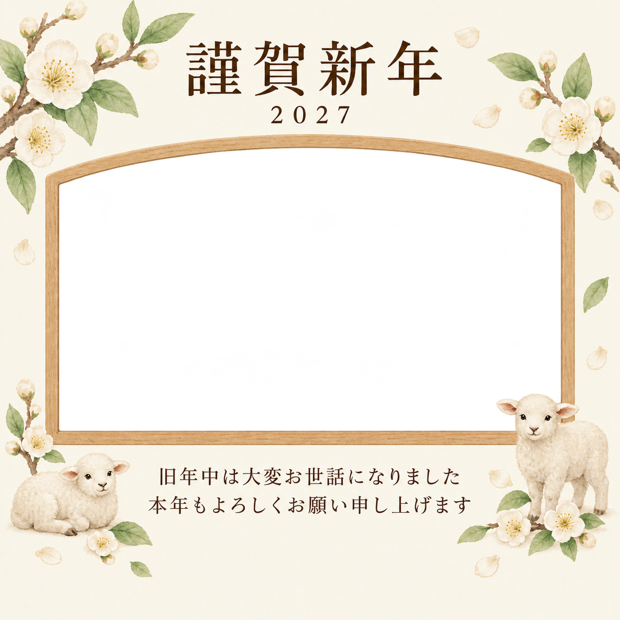 木のぬくもり・白い梅の写真年賀状｜会社・社員の無料イラスト素材 99341に写真・文字を入れる