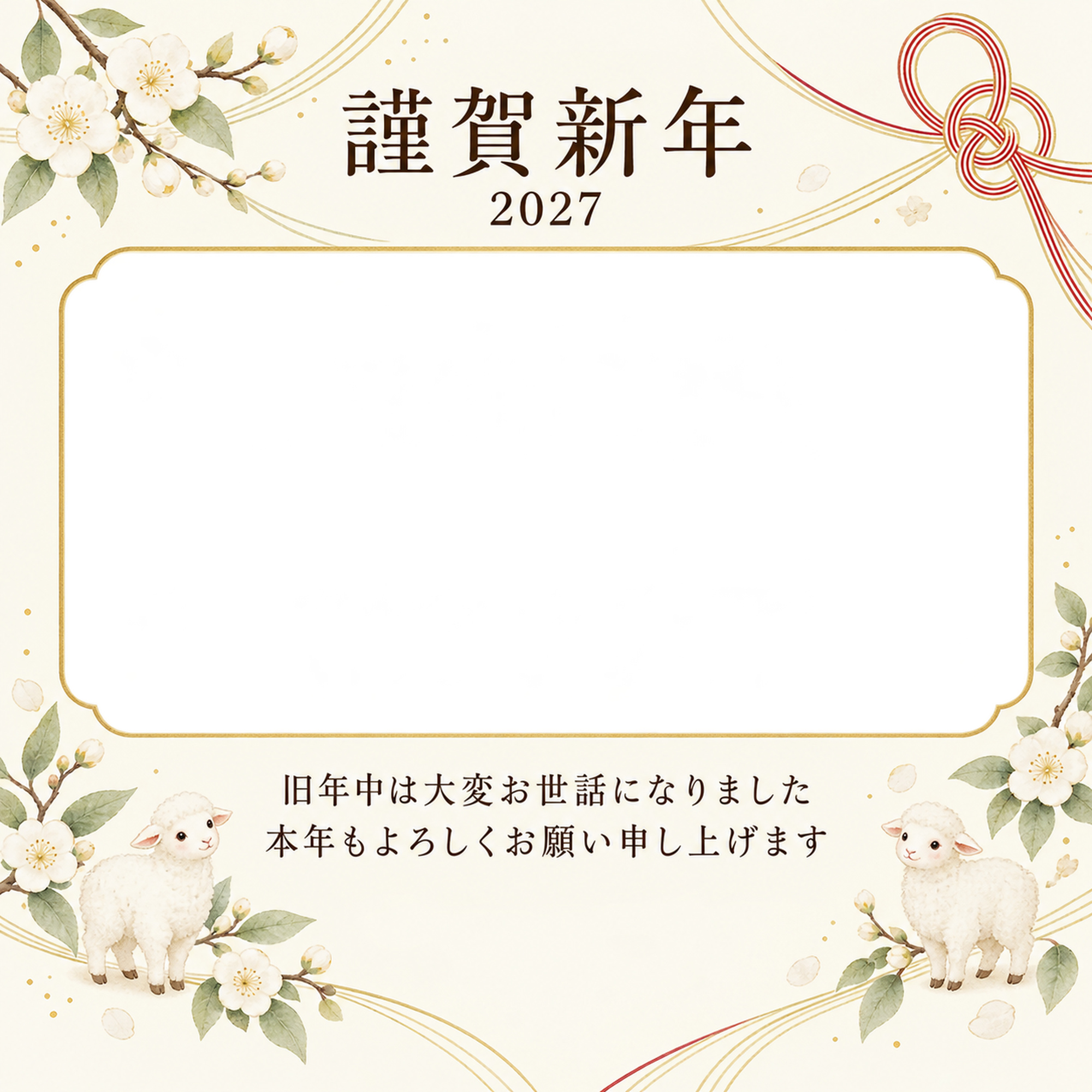 祝う結び目・白い梅の写真年賀状｜会社・社員の無料イラスト素材 99342に写真・文字を入れる