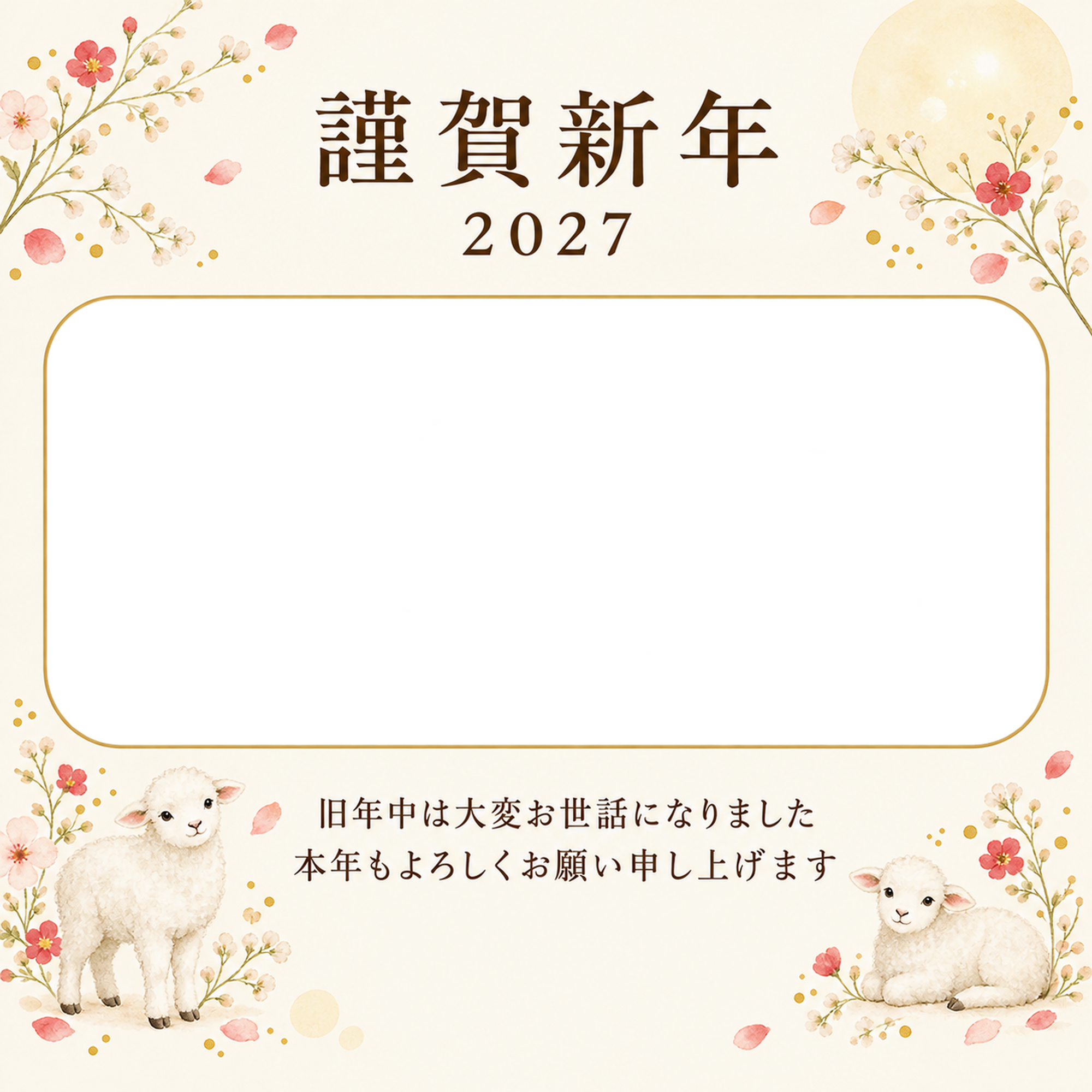 余白を生かす和・小花の写真年賀状｜会社・社員の無料イラスト素材 99361に写真・文字を入れる