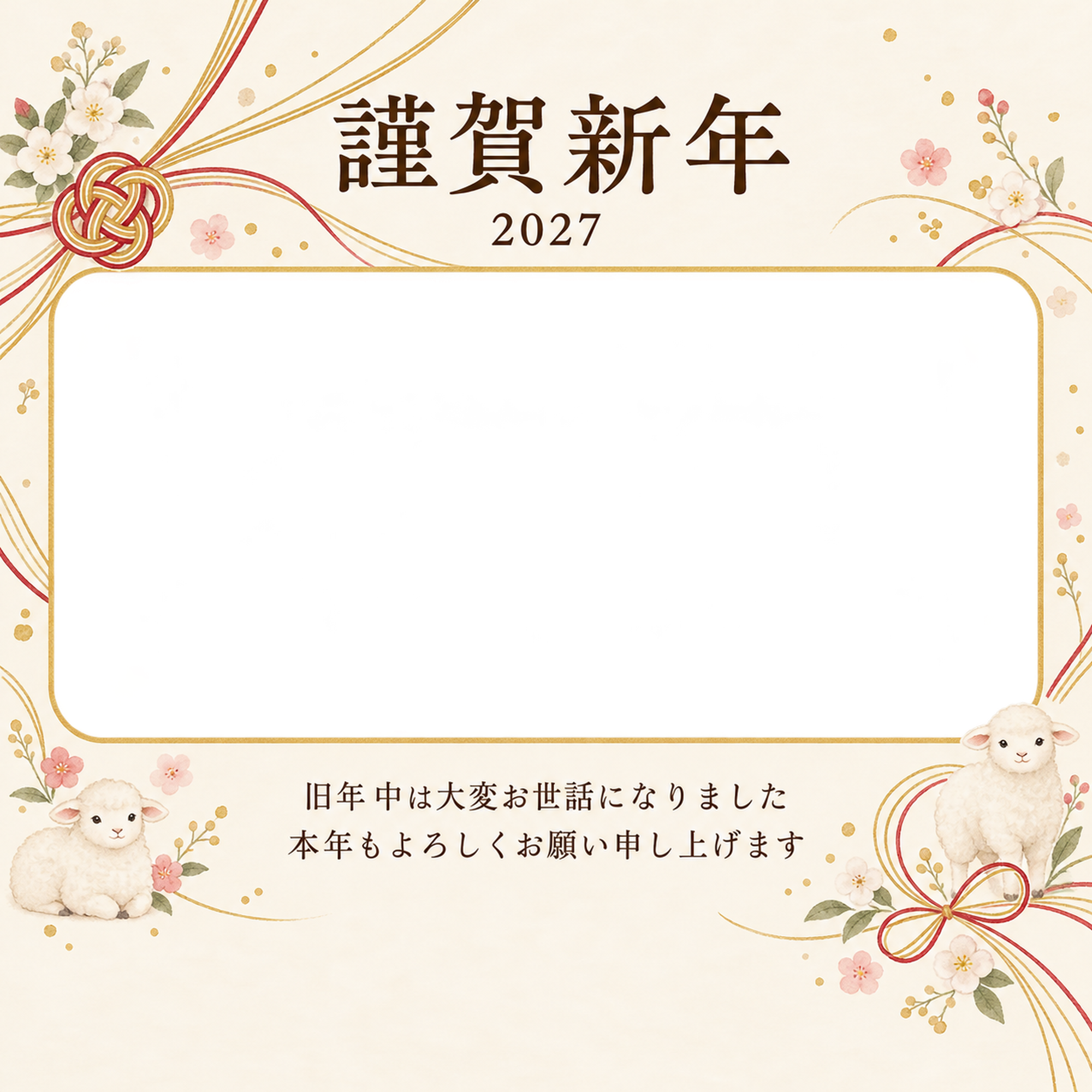 祝う結び目・小花の写真年賀状｜会社・社員の無料イラスト素材 99368に写真・文字を入れる