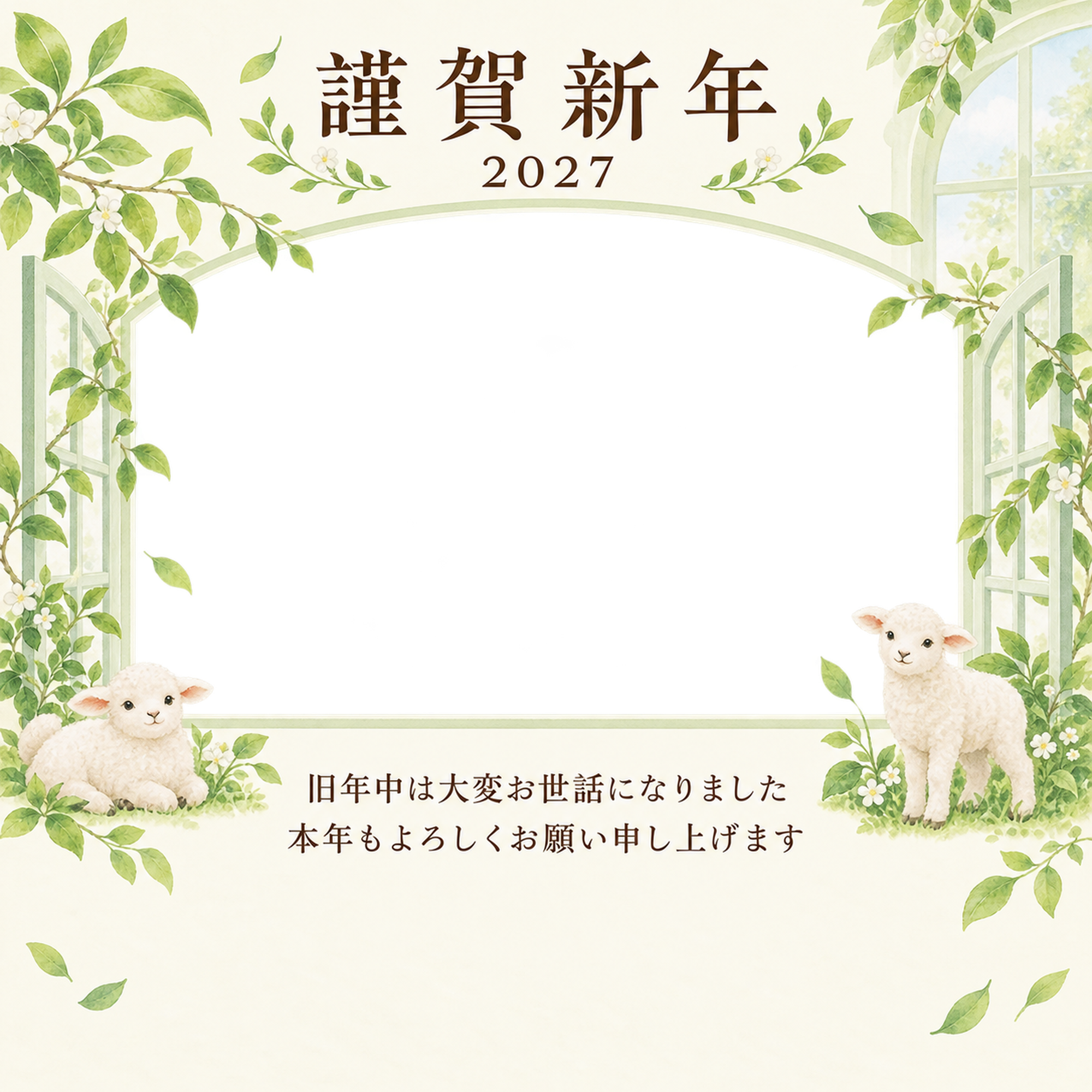 若葉の窓辺・若葉の写真年賀状｜会社・社員の無料イラスト素材 99402に写真・文字を入れる