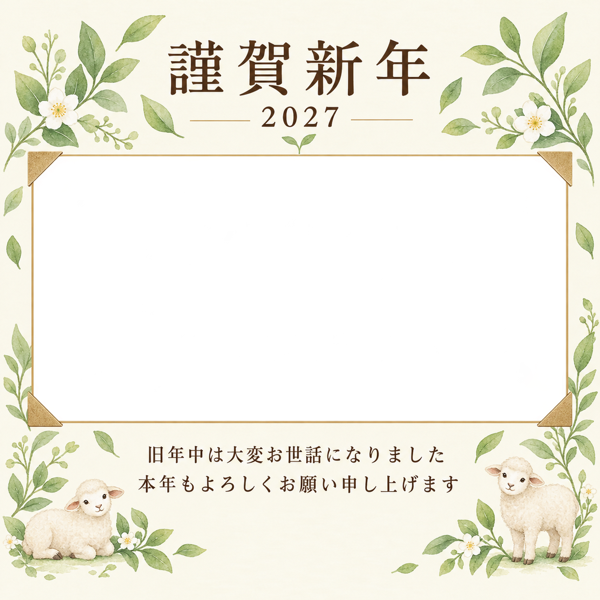 アルバムの一頁・若葉の写真年賀状｜会社・社員の無料イラスト素材 99404に写真・文字を入れる