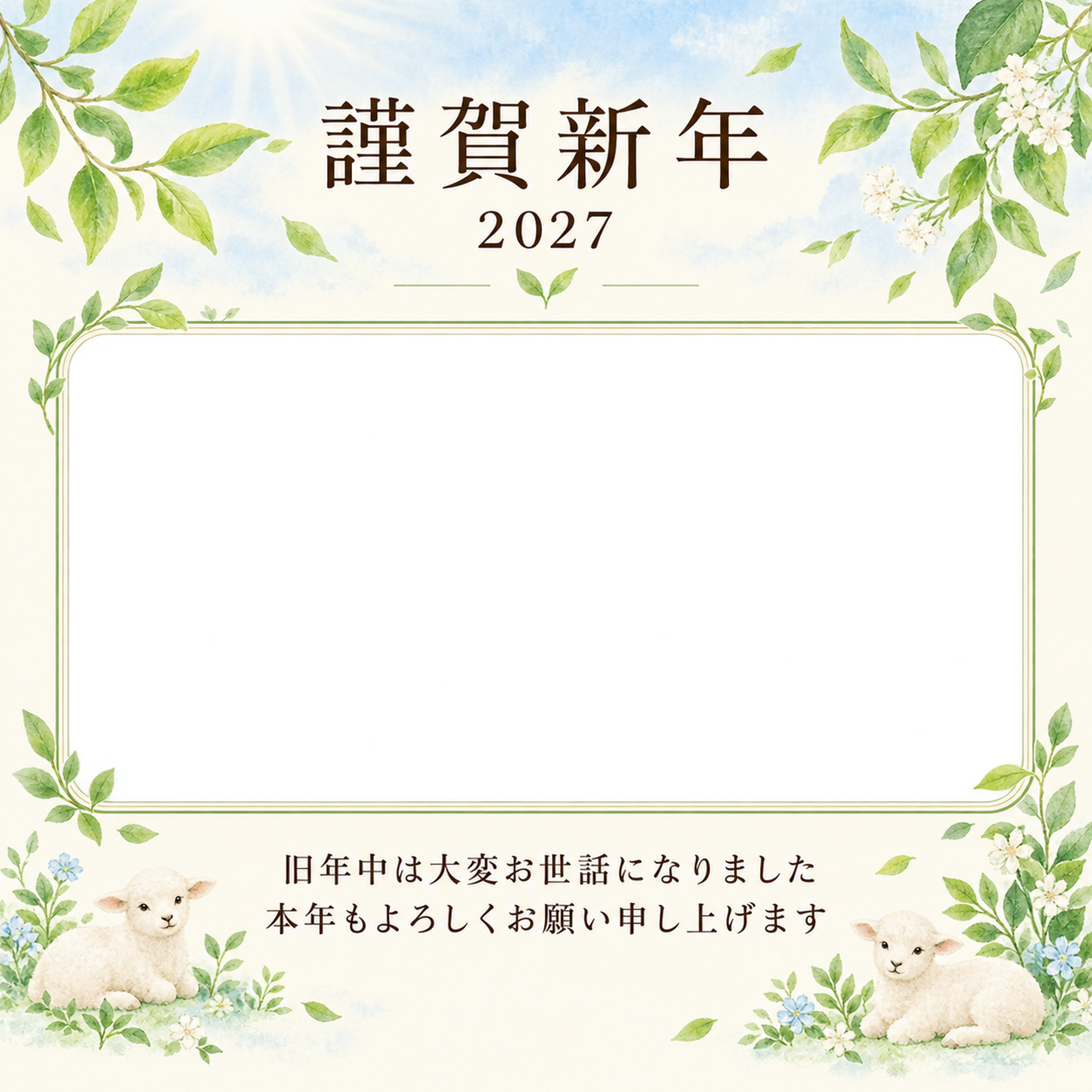 水色の朝・若葉の写真年賀状｜会社・社員の無料イラスト素材 99405に写真・文字を入れる