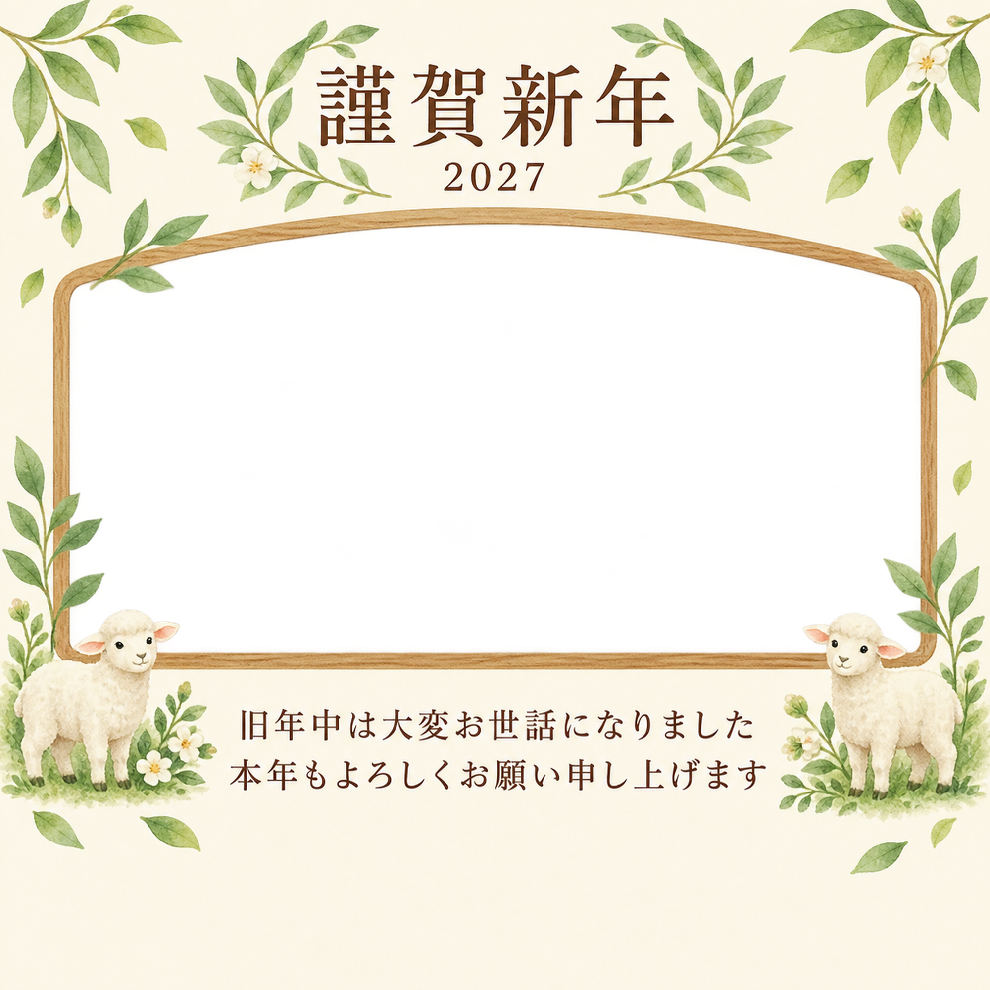 木のぬくもり・若葉の写真年賀状｜会社・社員の無料イラスト素材 99406に写真・文字を入れる