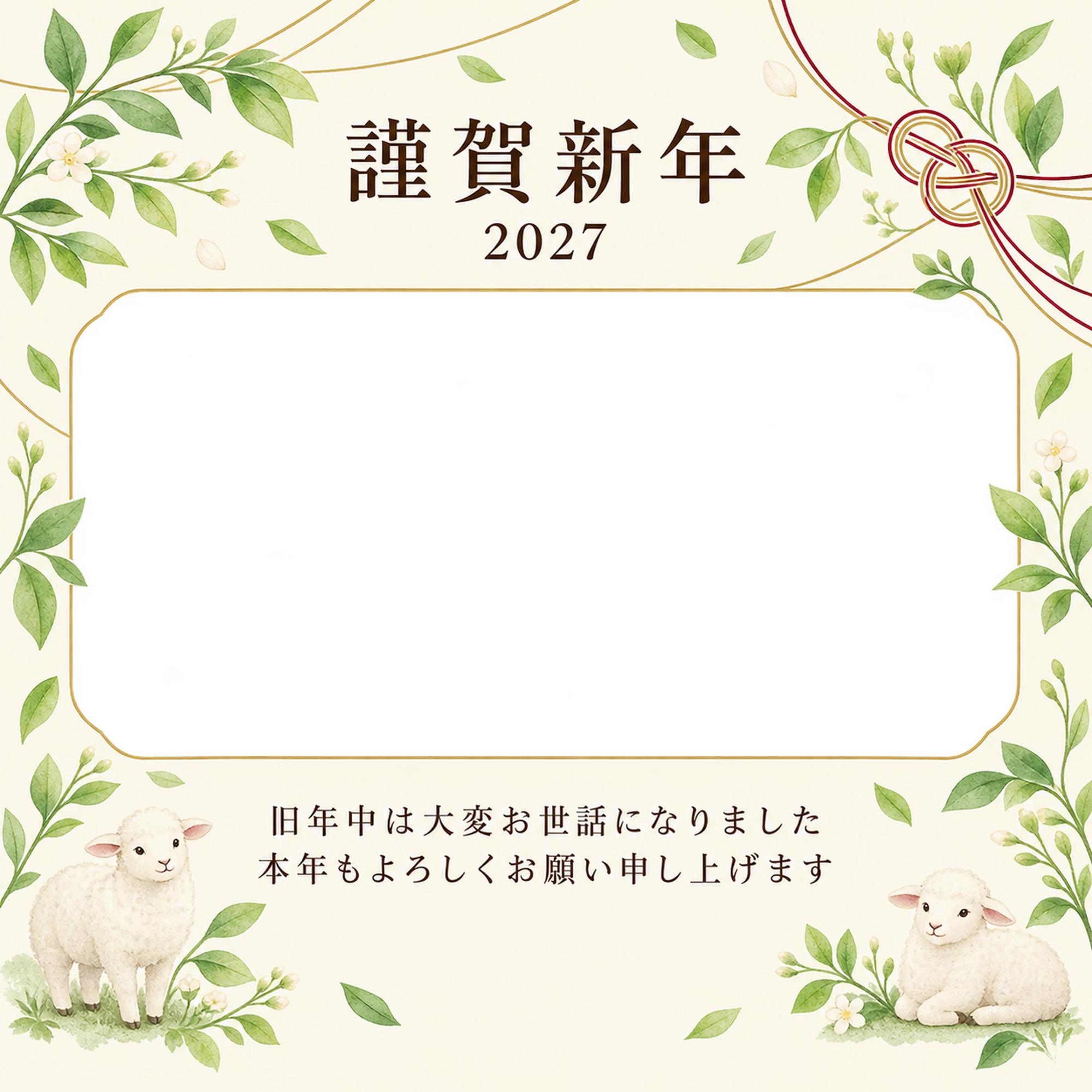 祝う結び目・若葉の写真年賀状｜会社・社員の無料イラスト素材 99407に写真・文字を入れる