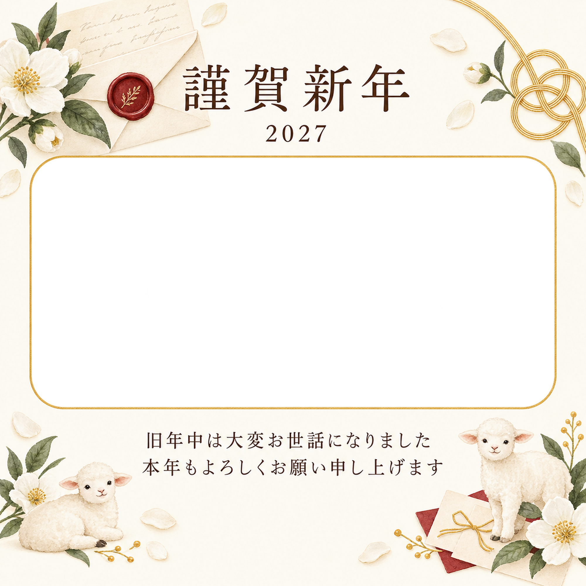 余白を生かす和・白い花の写真年賀状｜会社・社員の無料イラスト素材 99413に写真・文字を入れる