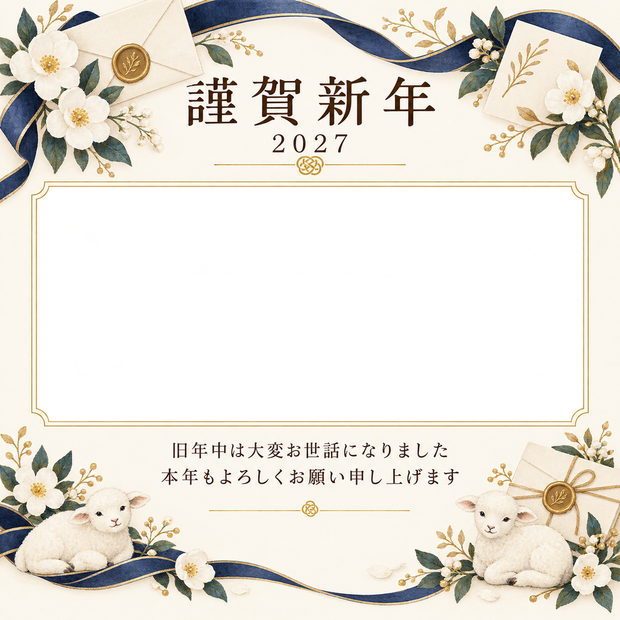 紺色の晴れやかさ・白い花の写真年賀状｜会社・社員の無料イラスト素材 99414に写真・文字を入れる
