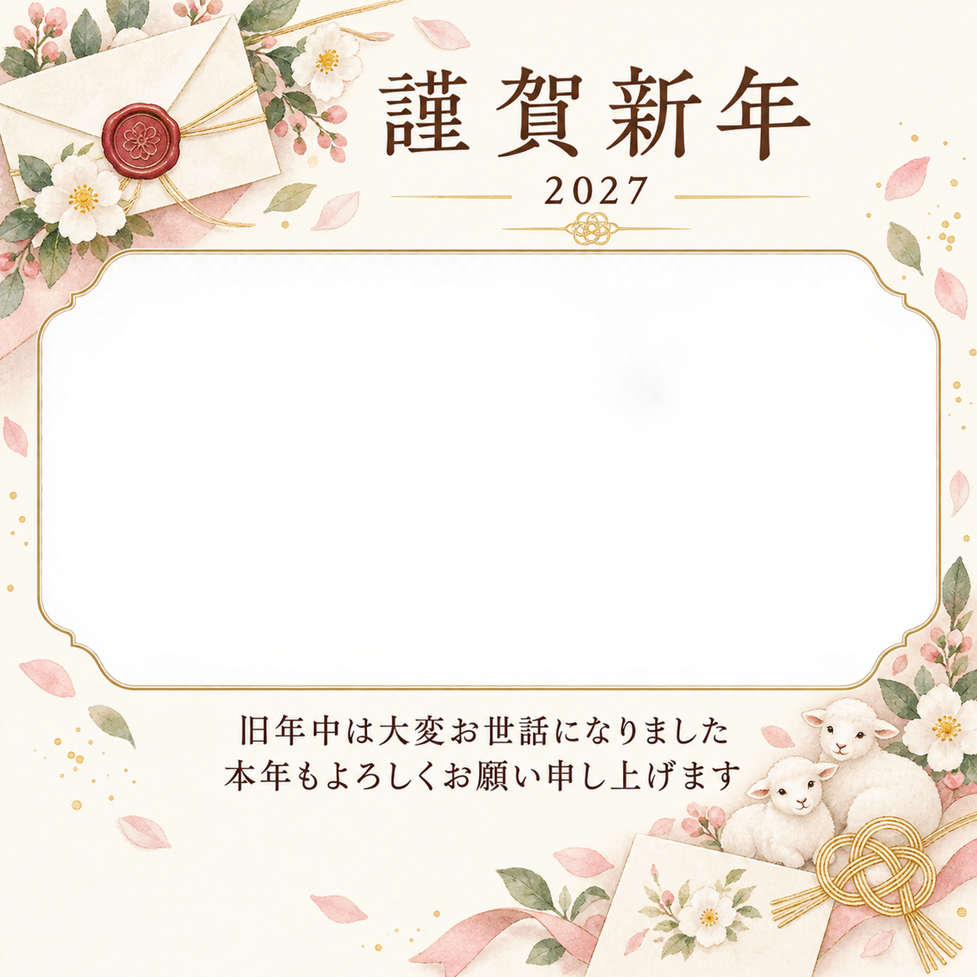 桃色のやさしさ・白い花の写真年賀状｜会社・社員の無料イラスト素材 99416に写真・文字を入れる