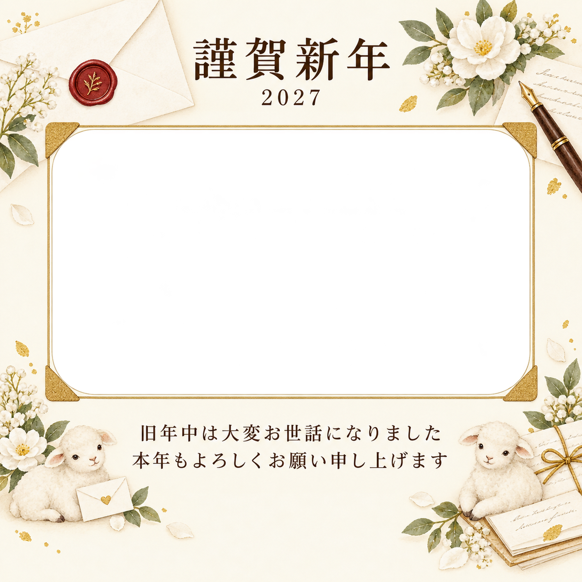 アルバムの一頁・白い花の写真年賀状｜会社・社員の無料イラスト素材 99417に写真・文字を入れる