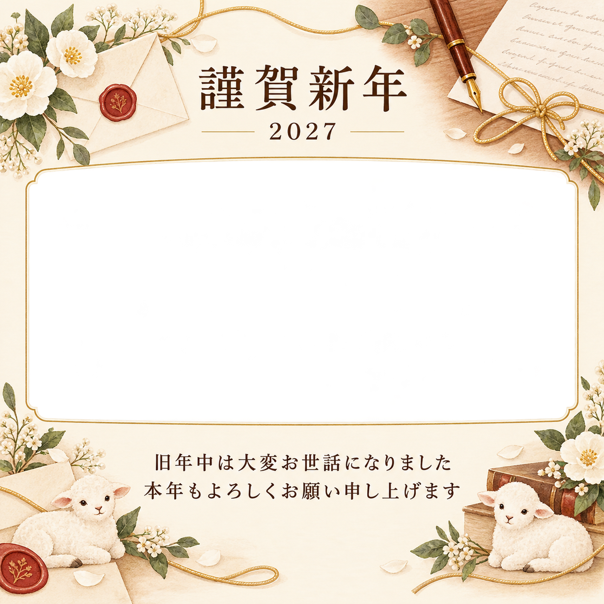 木のぬくもり・白い花の写真年賀状｜会社・社員の無料イラスト素材 99419に写真・文字を入れる