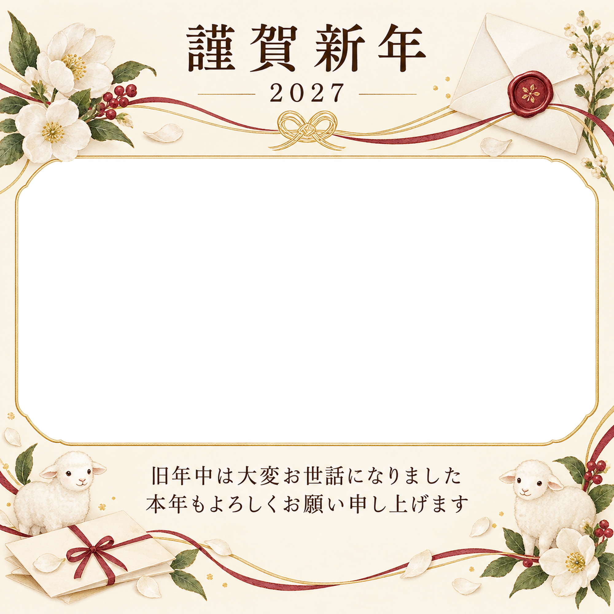 祝う結び目・白い花の写真年賀状｜会社・社員の無料イラスト素材 99420に写真・文字を入れる