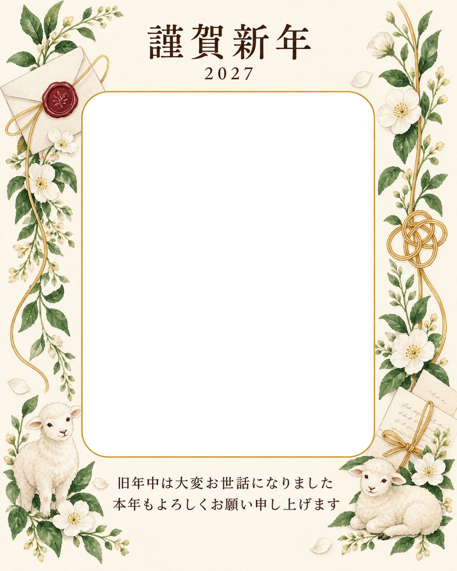 縦の植物飾り・白い花の写真年賀状｜会社・社員の無料イラスト素材 99421に写真・文字を入れる