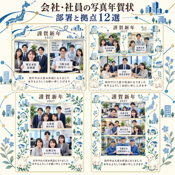 会社・社員の写真年賀状・部署と拠点12選｜無料イラスト素材 99438
