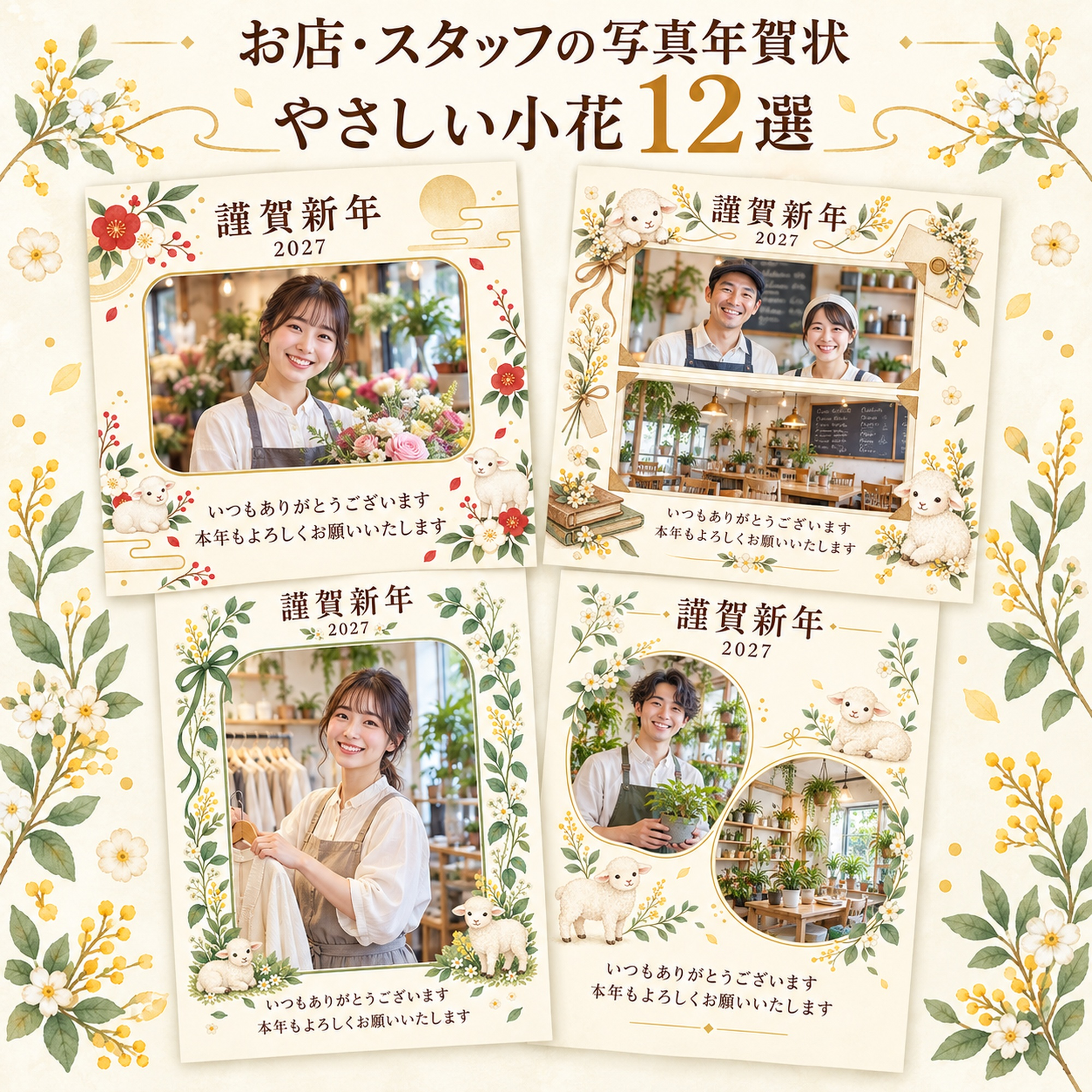 お店・スタッフの写真年賀状・やさしい小花12選｜無料イラスト素材 99464に写真・文字を入れる